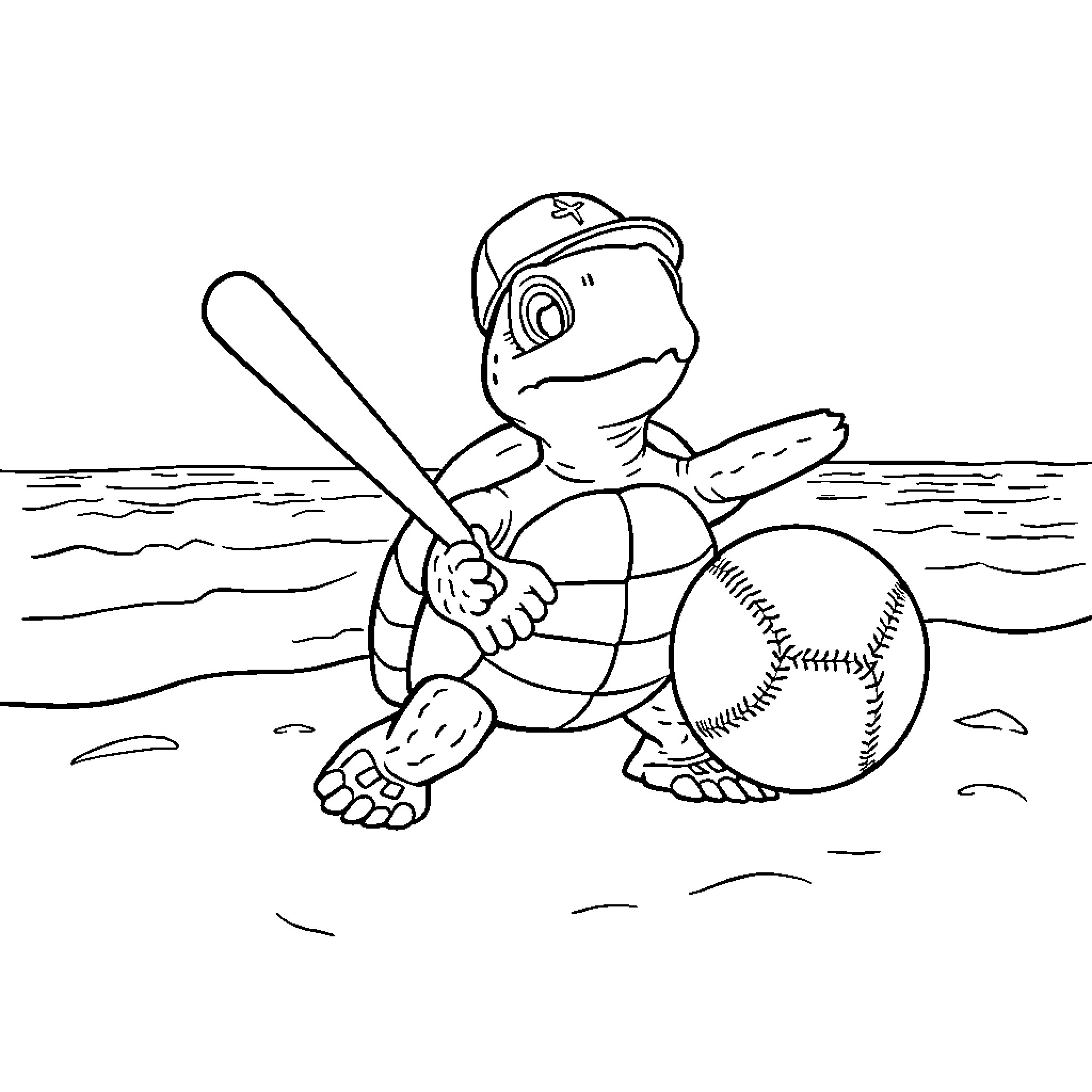 Sea Turtle Playing Baseball on the Beach Coloring Page (free black-and-white line drawing printable PDF for all, from beginners to advanced learners, including children, teens, adults, and seniors)
