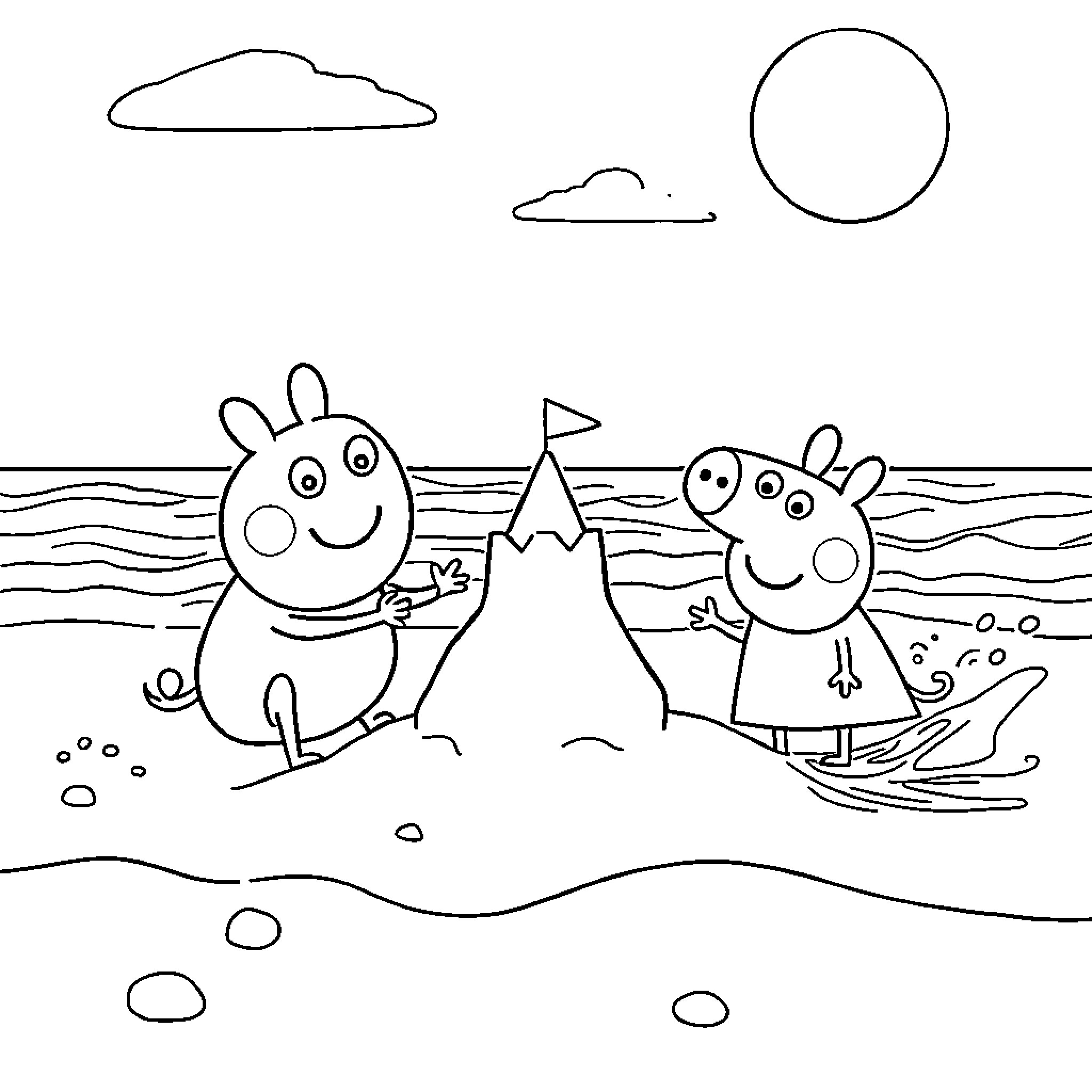 Bluey and Peppa playing at the beach Coloring Page (free black-and-white line drawing printable PDF for all, from beginners to advanced learners, including children, teens, adults, and seniors)