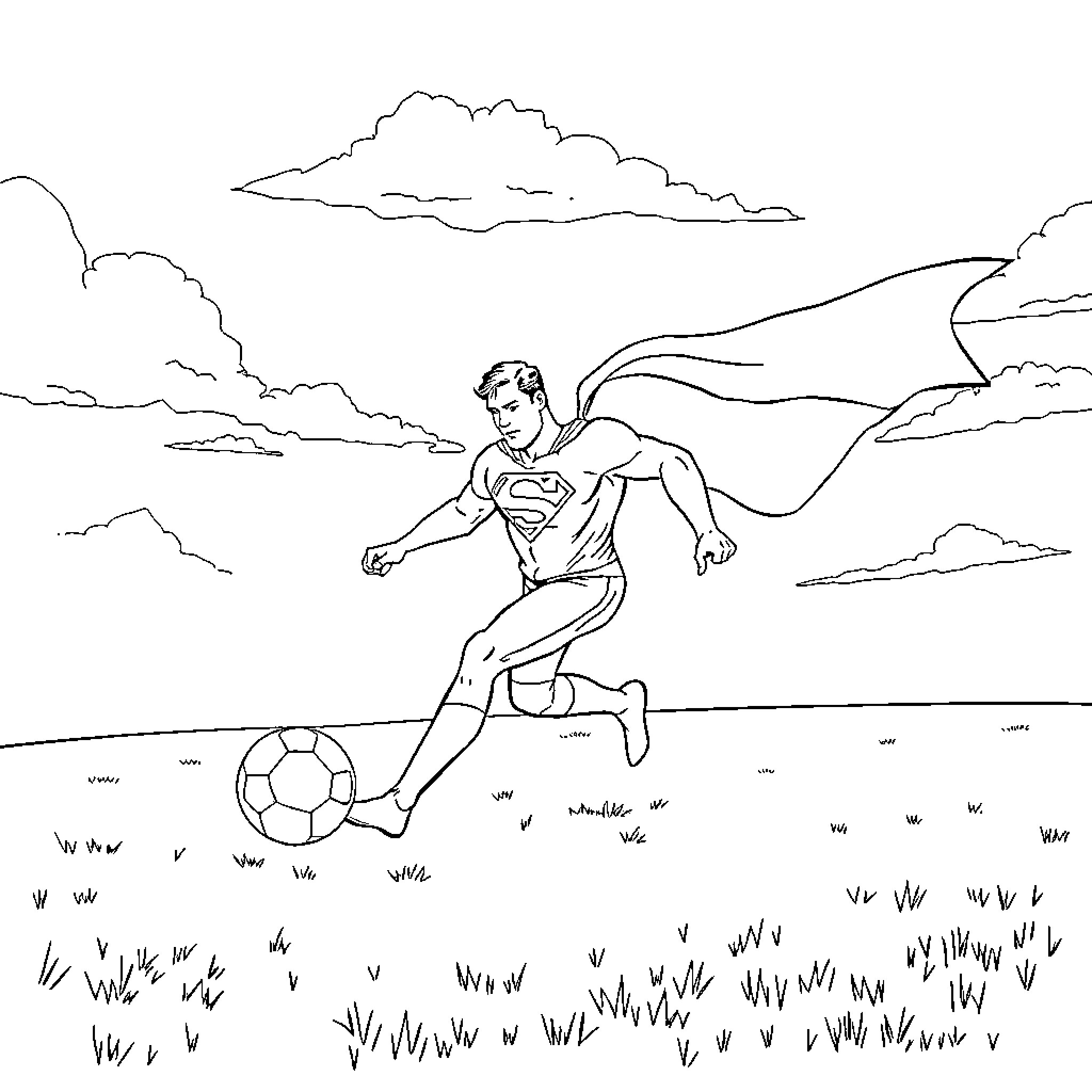 Superman playing soccer in the countryside Coloring Page (free black-and-white line drawing printable PDF for all, from beginners to advanced learners, including children, teens, adults, and seniors)