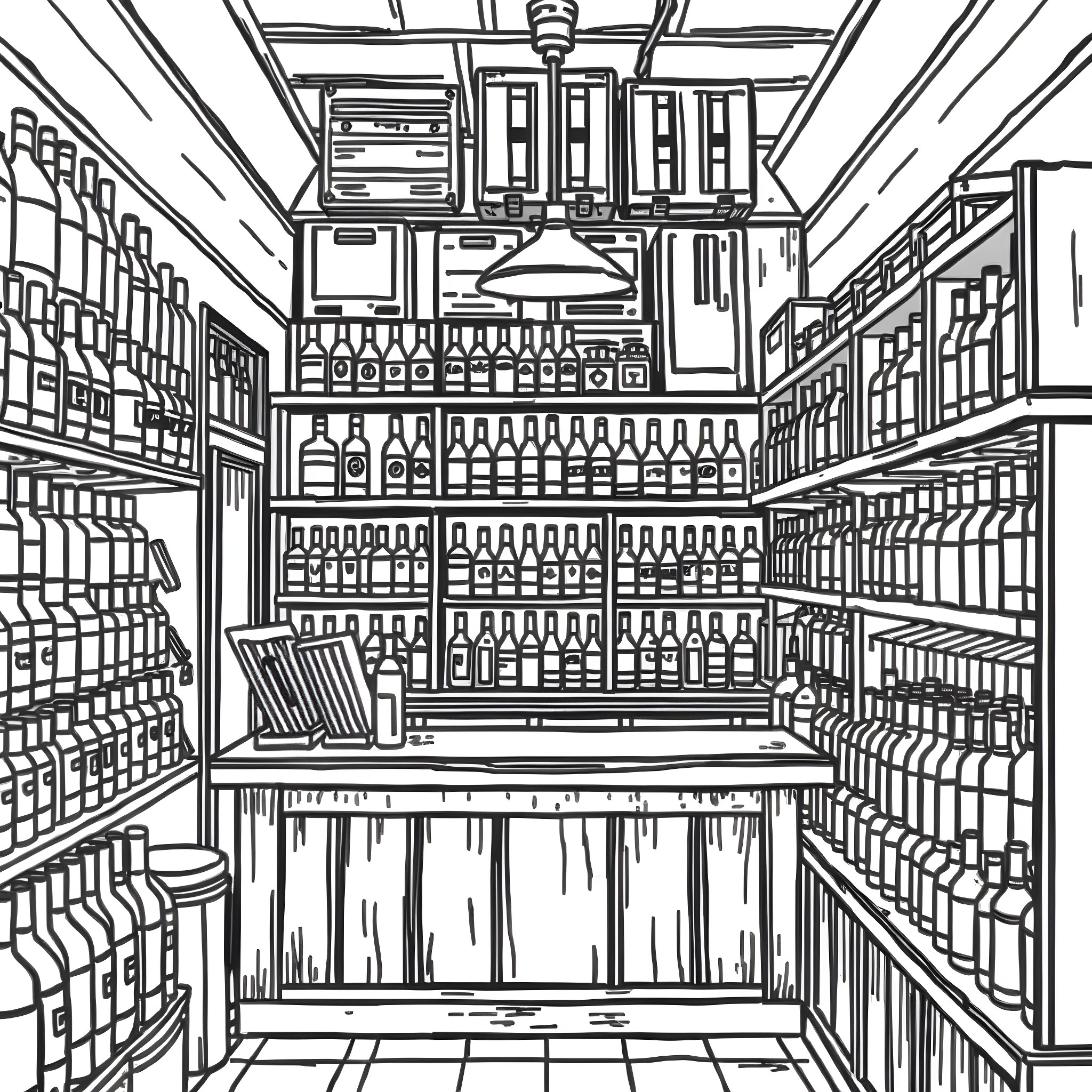 Liquor Store Interior with Shelves and Bottles Coloring Page (free black-and-white line drawing printable PDF for all, from beginners to advanced learners, including children, teens, adults, and seniors)