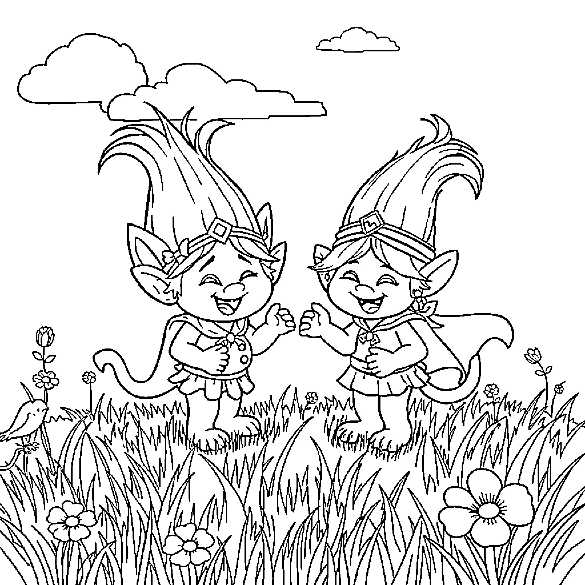 Troll friends frolicking in the meadow Coloring Page (free black-and-white line drawing printable PDF for all, from beginners to advanced learners, including children, teens, adults, and seniors)