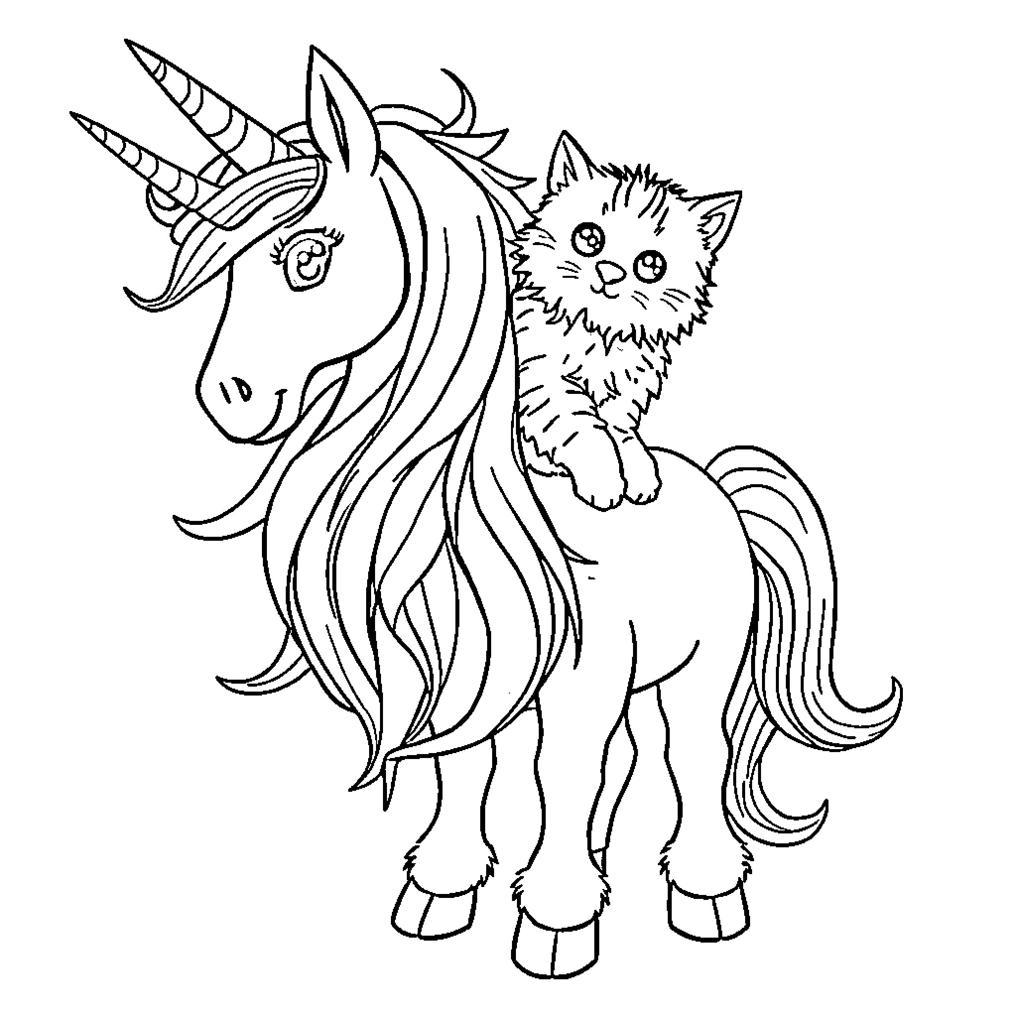 Unicorn and Furry Friend in Harmony Coloring Page (free black-and-white line drawing printable PDF for all, from beginners to advanced learners, including children, teens, adults, and seniors)