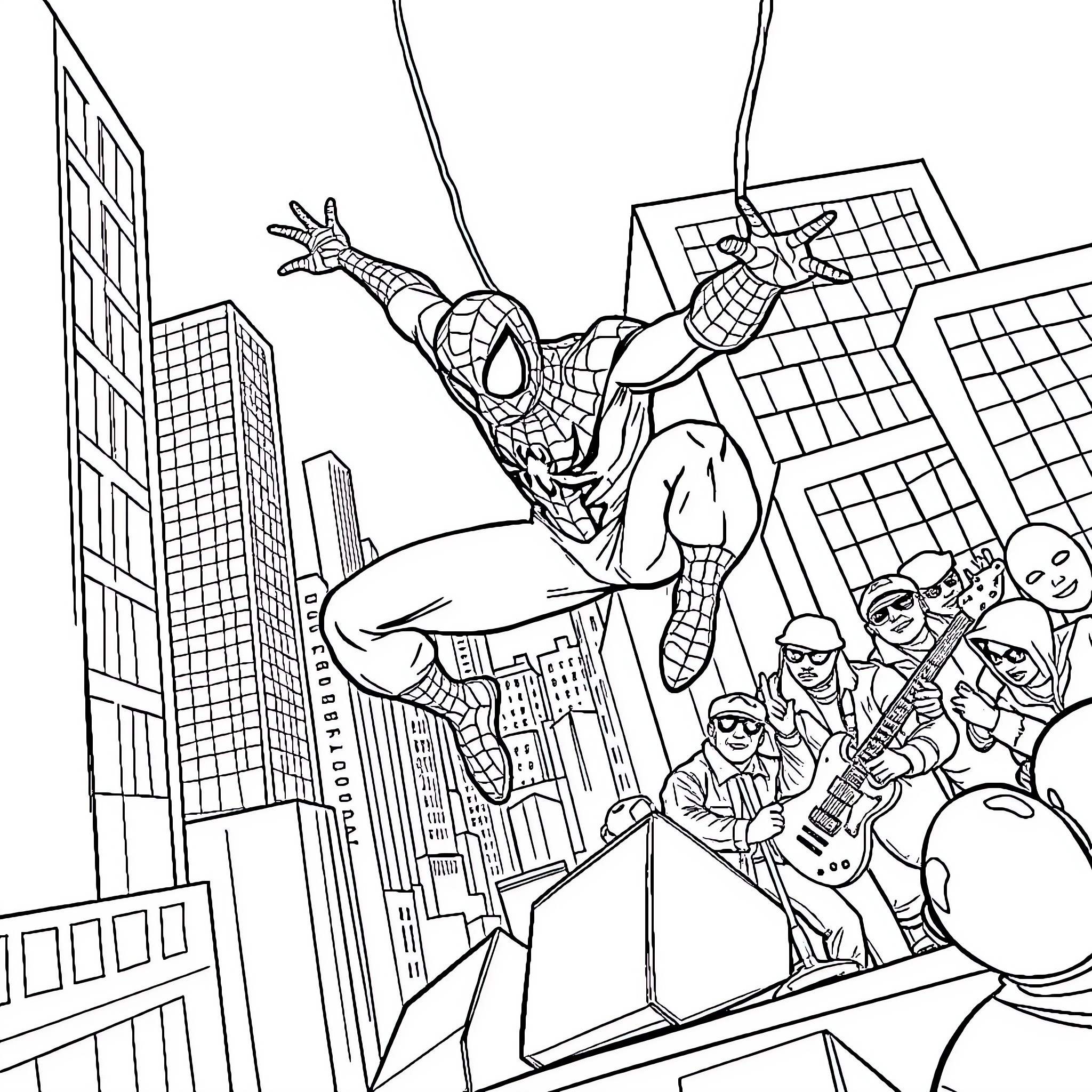 Spiderman swinging through the city streets Coloring Page (free black-and-white line drawing printable PDF for all, from beginners to advanced learners, including children, teens, adults, and seniors)
