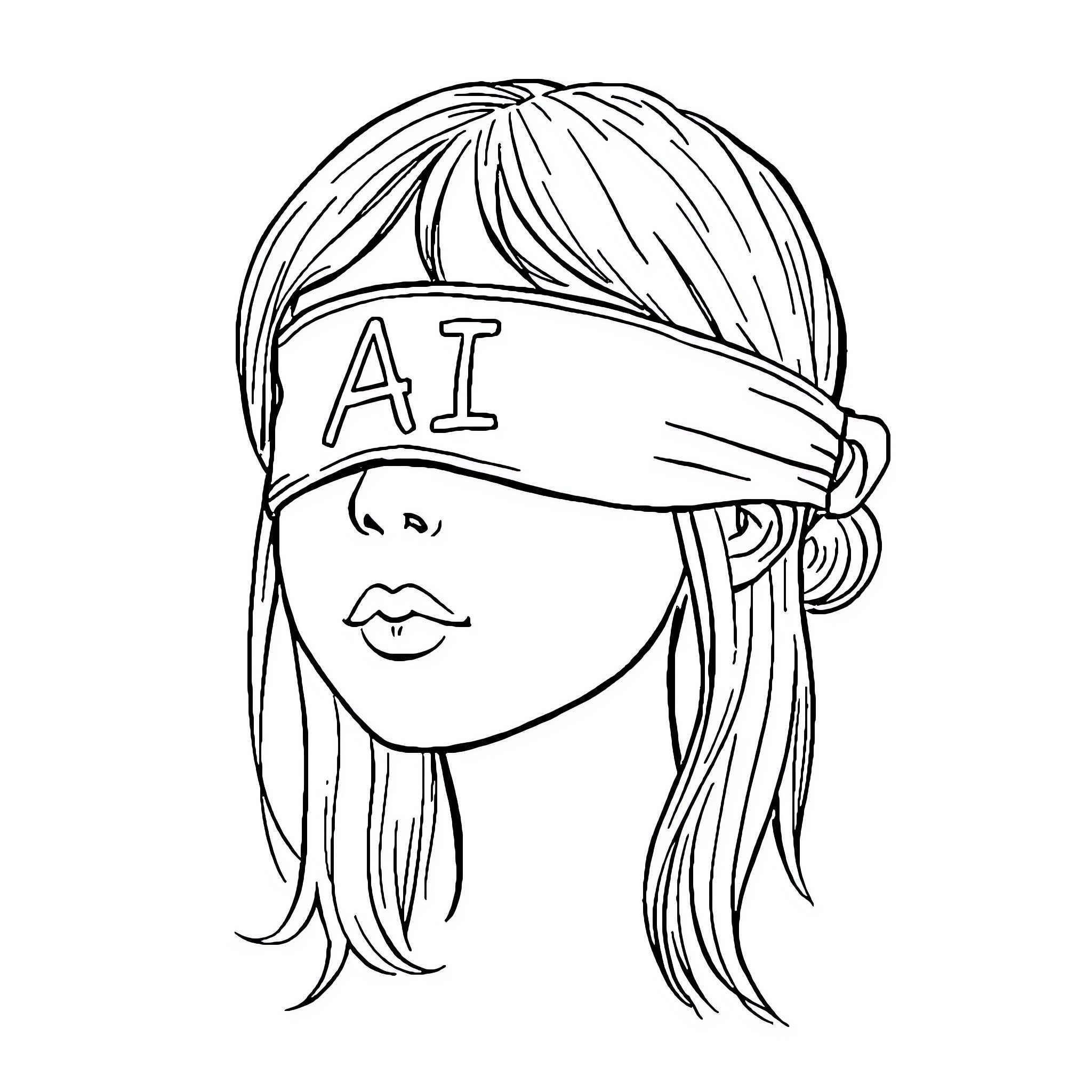 Girl wearing blindfold with 'AI' written on it Coloring Page (free black-and-white line drawing printable PDF for all, from beginners to advanced learners, including children, teens, adults, and seniors)
