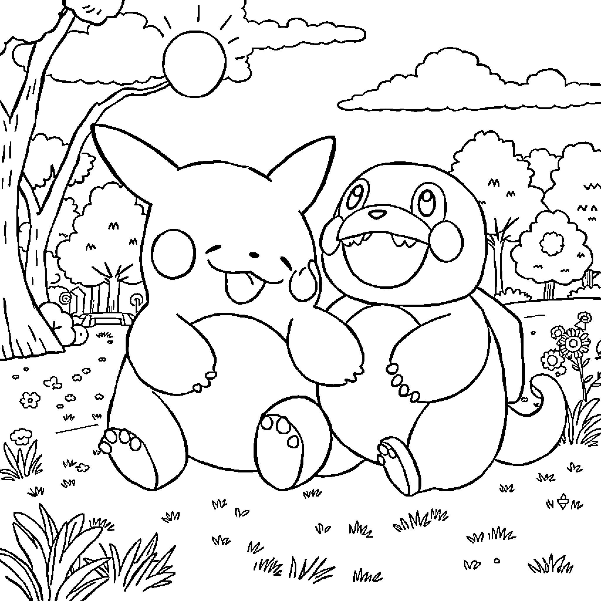 Snorlax relaxing in the peaceful nature Coloring Page (free black-and-white line drawing printable PDF for all, from beginners to advanced learners, including children, teens, adults, and seniors)