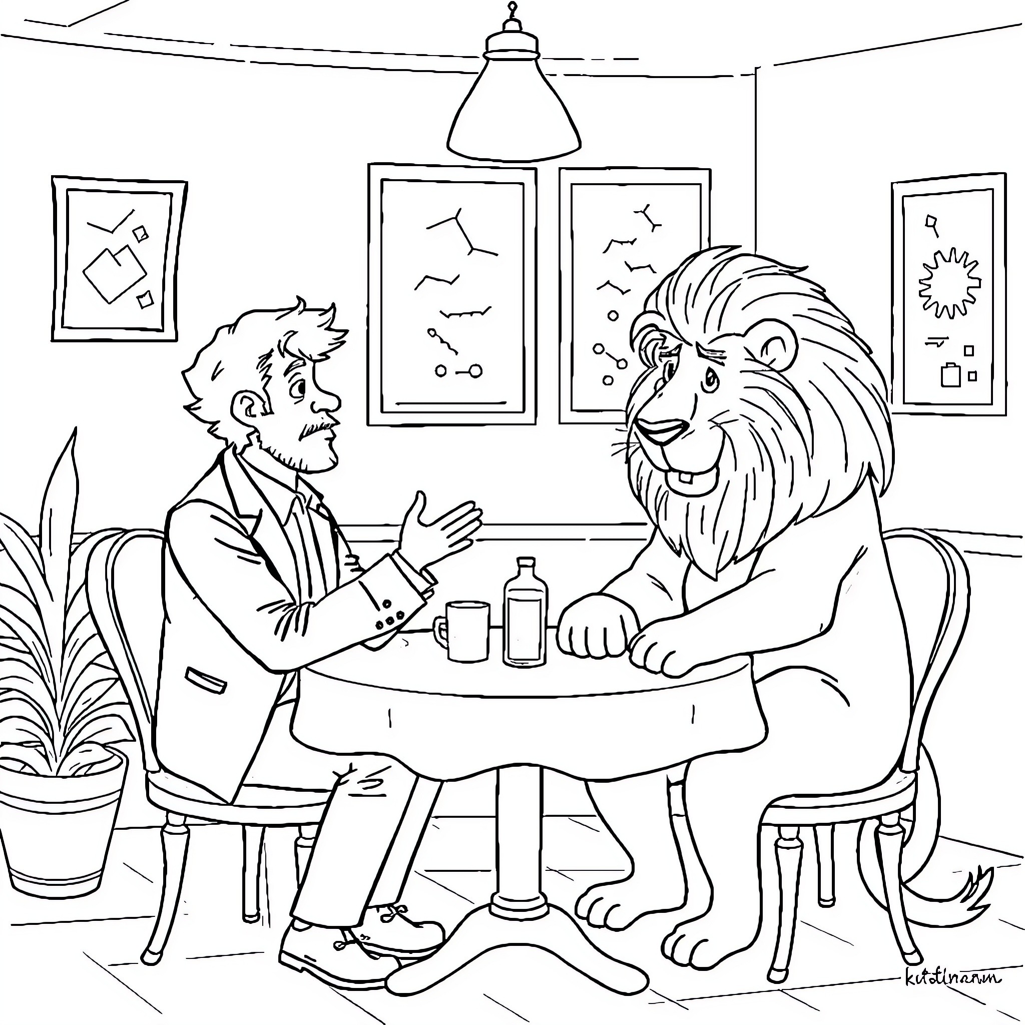 Milei's Friendly Encounter with a Lion Coloring Page (free black-and-white line drawing printable PDF for all, from beginners to advanced learners, including children, teens, adults, and seniors)