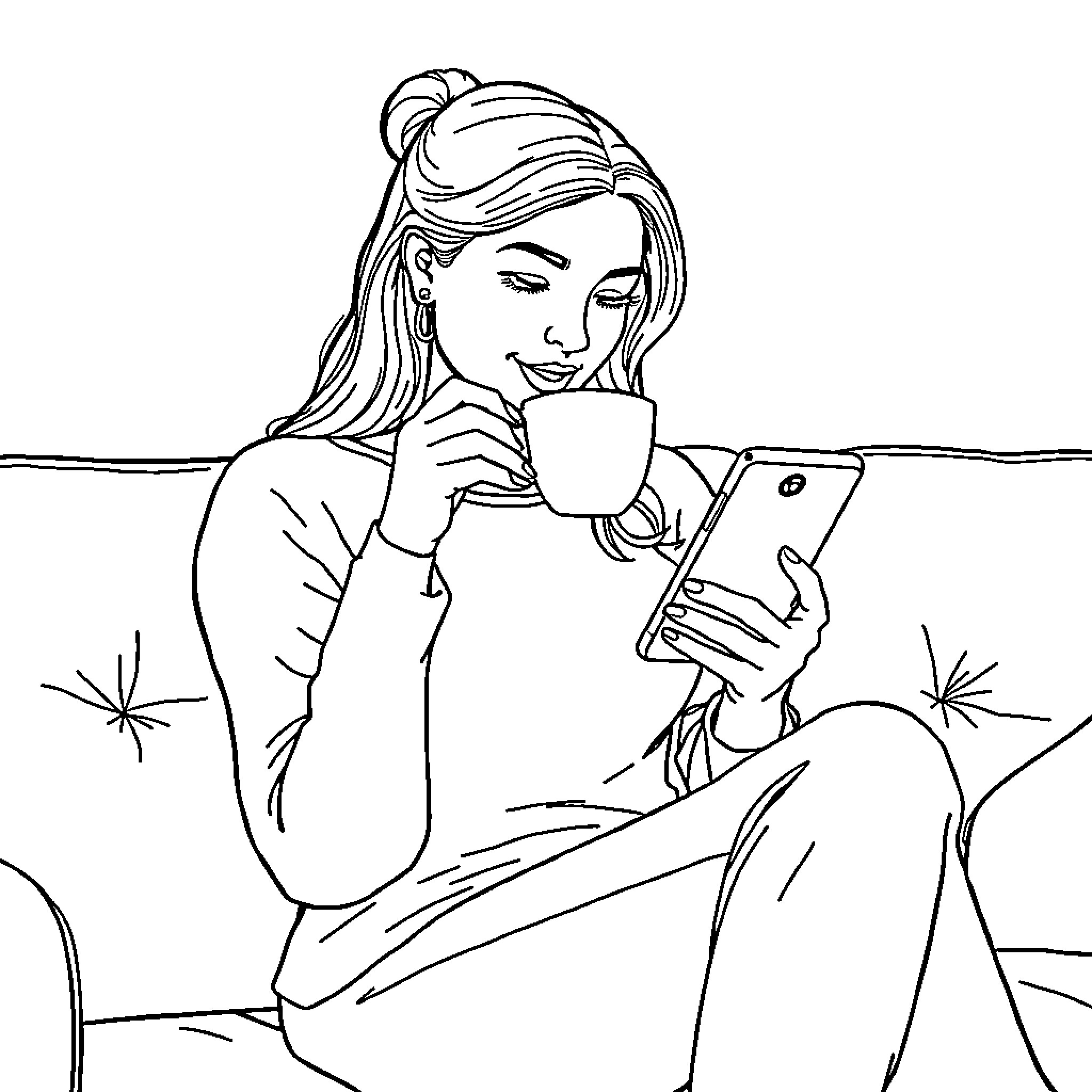 Woman relaxing with coffee and smartphone Coloring Page (free black-and-white line drawing printable PDF for all, from beginners to advanced learners, including children, teens, adults, and seniors)