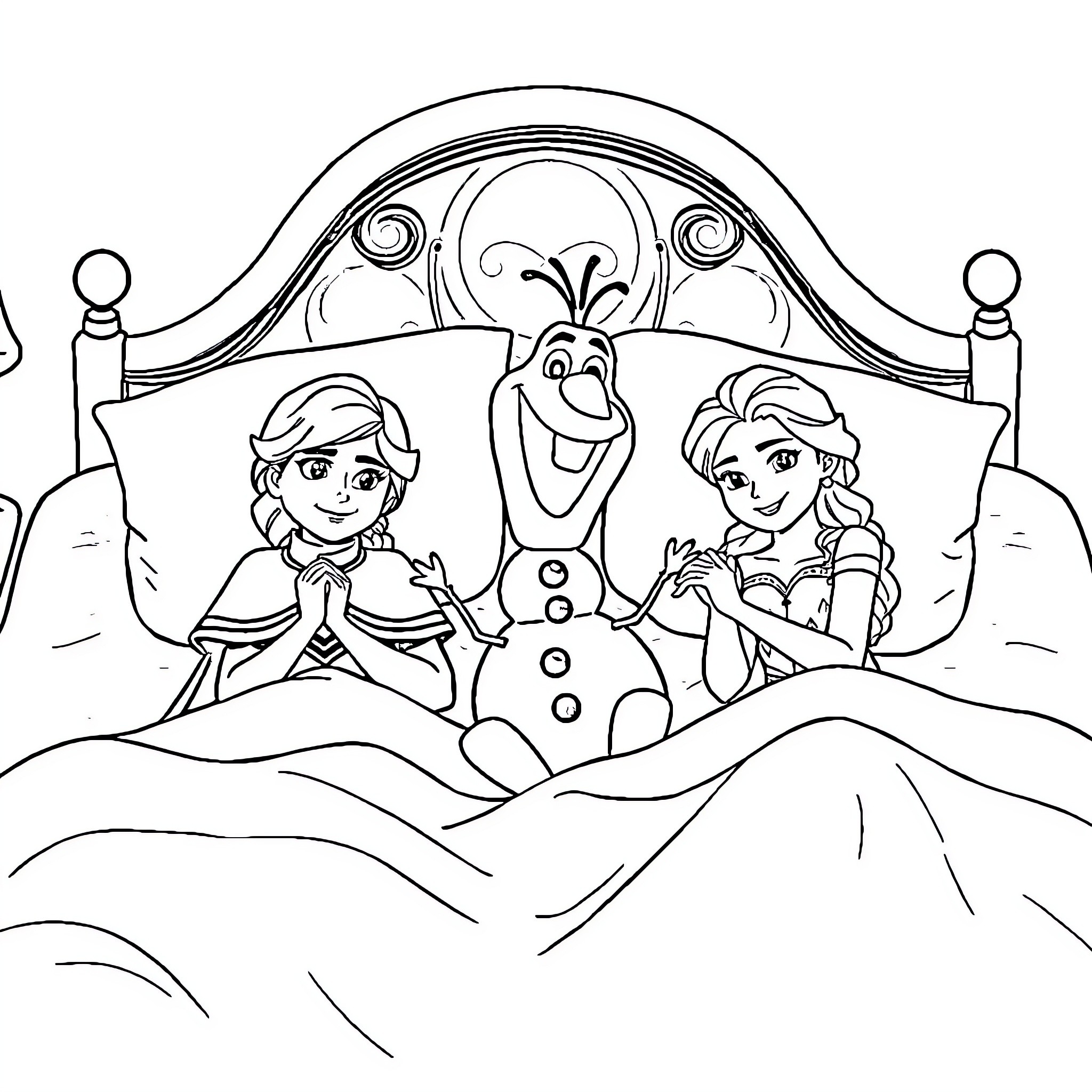 Anna and Elsa Relax with Olaf in Bed Coloring Page (free black-and-white line drawing printable PDF for all, from beginners to advanced learners, including children, teens, adults, and seniors)