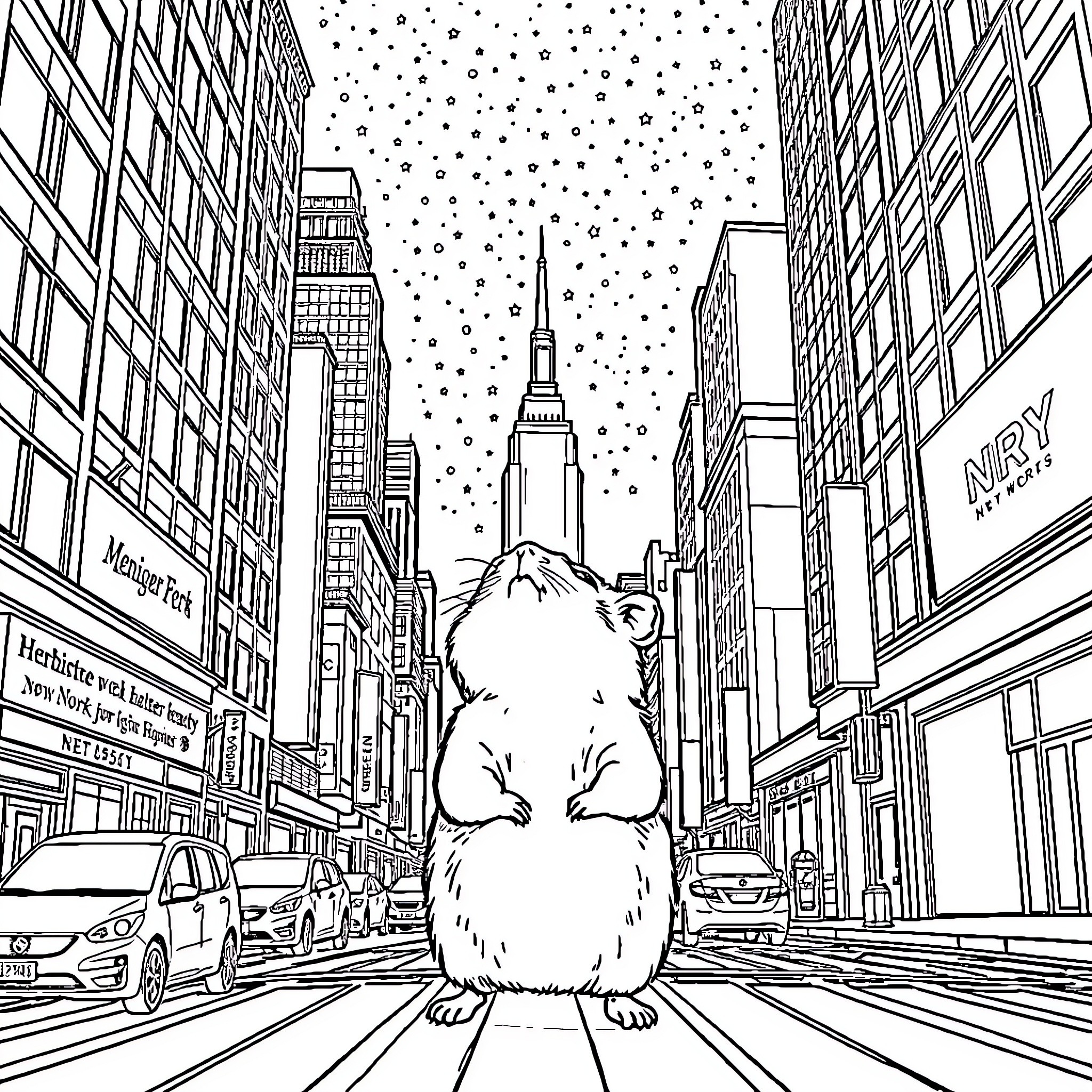 Hamster exploring the bustling city streets Coloring Page (free black-and-white line drawing printable PDF for all, from beginners to advanced learners, including children, teens, adults, and seniors)