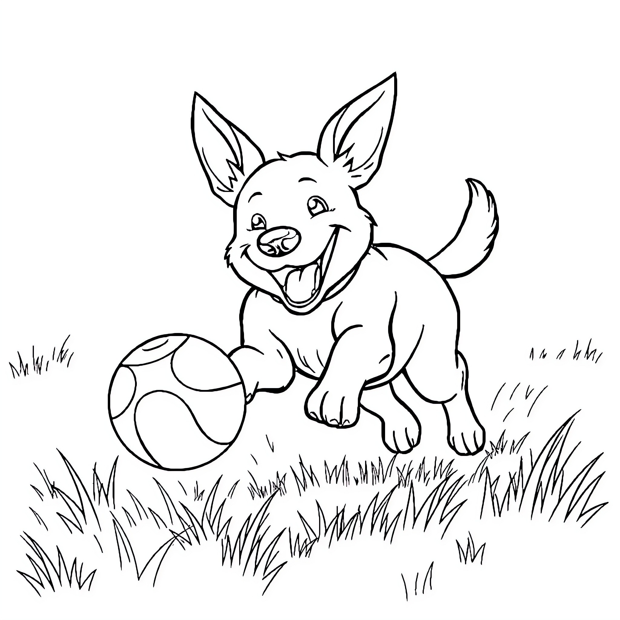 Dog playing with ball in grassy field Coloring Page (free black-and-white line drawing printable PDF for all, from beginners to advanced learners, including children, teens, adults, and seniors)
