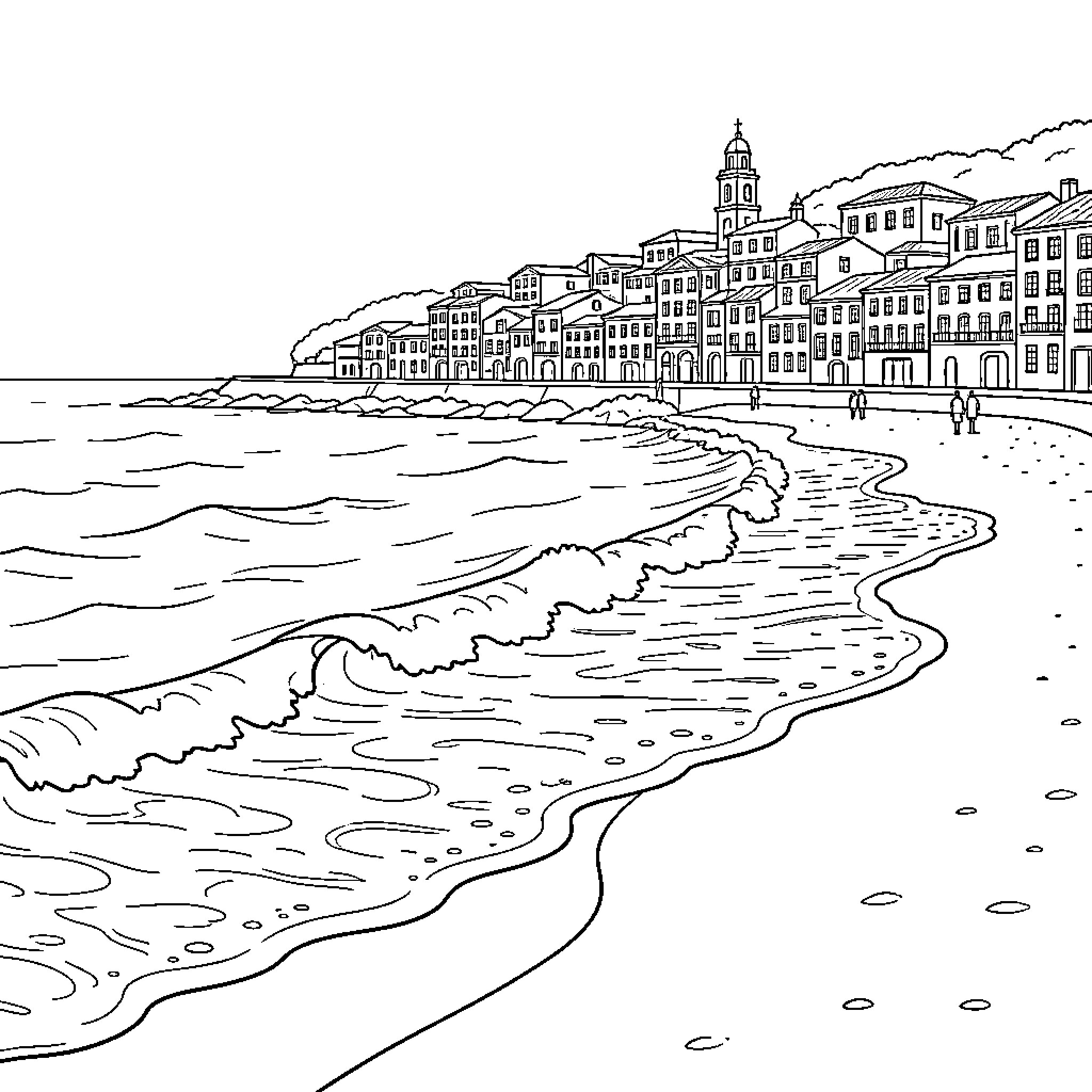 Sea view of charming coastal town Coloring Page (free black-and-white line drawing printable PDF for all, from beginners to advanced learners, including children, teens, adults, and seniors)