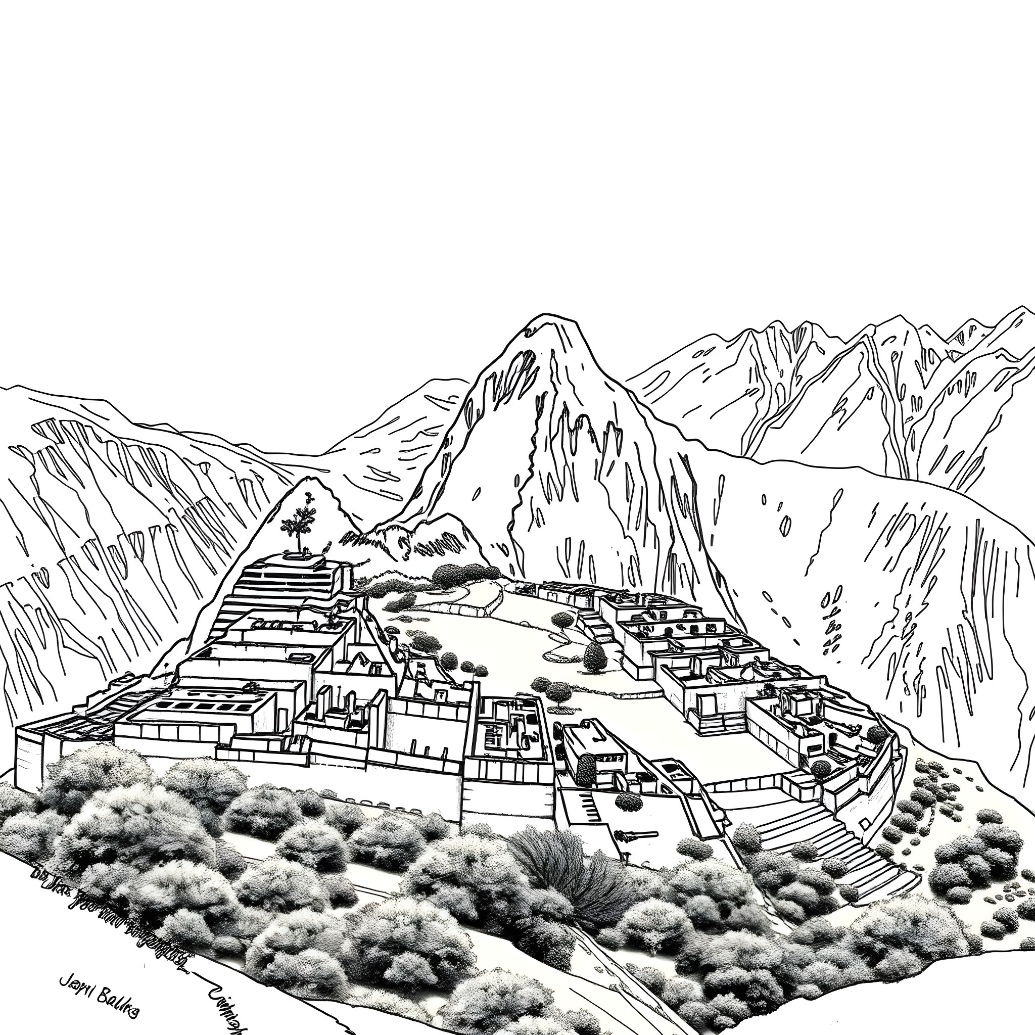 Machu Picchu ancient Inca ruins in the Andes mountains Coloring Page (free black-and-white line drawing printable PDF for all, from beginners to advanced learners, including children, teens, adults, and seniors)