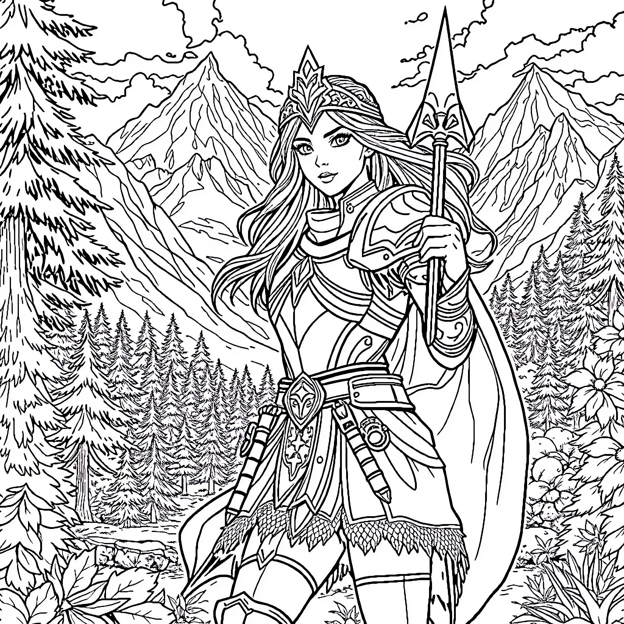 Princess Exploring the Enchanted Mountain Wilderness Coloring Page (free black-and-white line drawing printable PDF for all, from beginners to advanced learners, including children, teens, adults, and seniors)