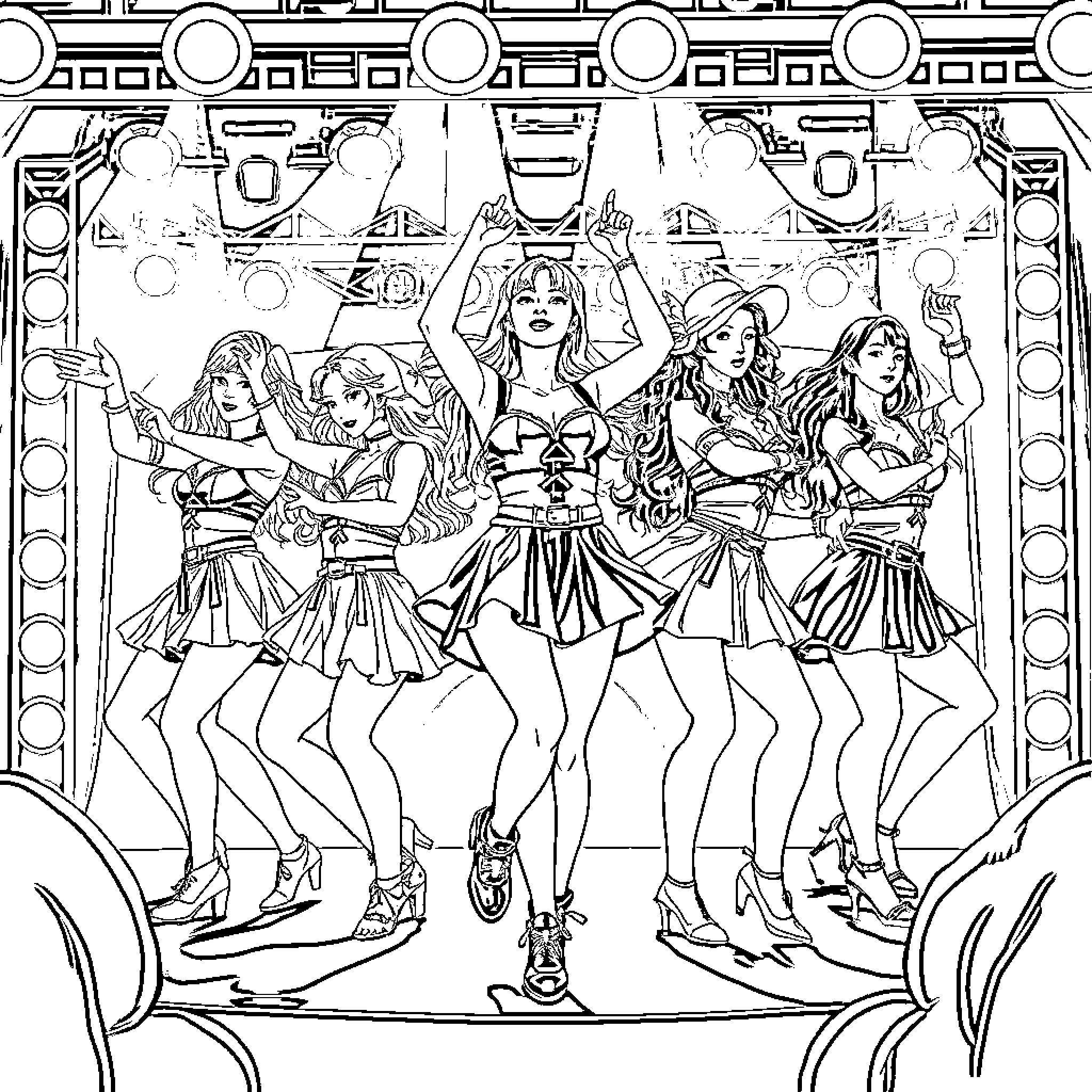 Kpop Warriors Performing Dynamic Dance Routine Coloring Page (free black-and-white line drawing printable PDF for all, from beginners to advanced learners, including children, teens, adults, and seniors)