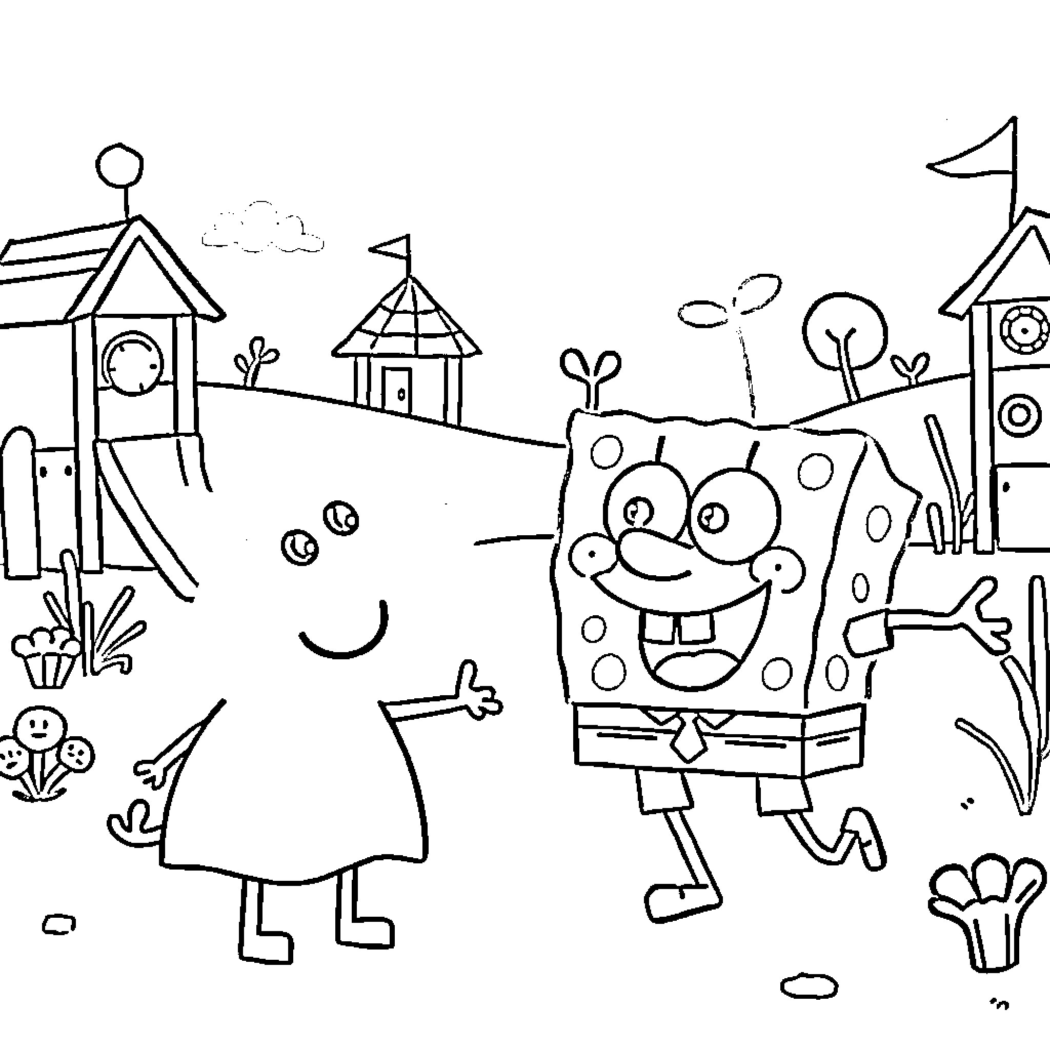 Pepa and Spongebob's Fun-Filled Adventure Coloring Page (free black-and-white line drawing printable PDF for all, from beginners to advanced learners, including children, teens, adults, and seniors)