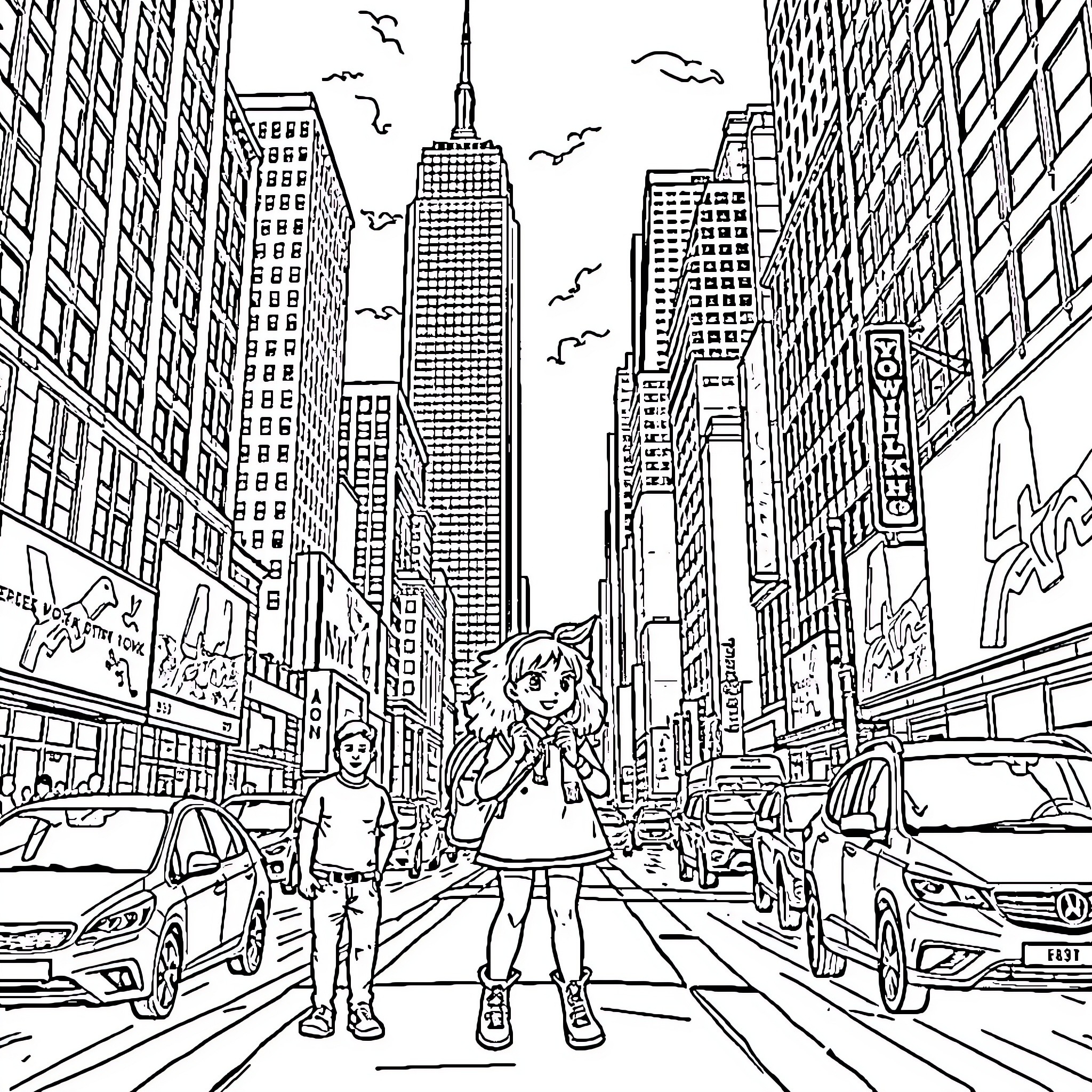 Xelda's Adventure in the Bustling City Coloring Page (free black-and-white line drawing printable PDF for all, from beginners to advanced learners, including children, teens, adults, and seniors)