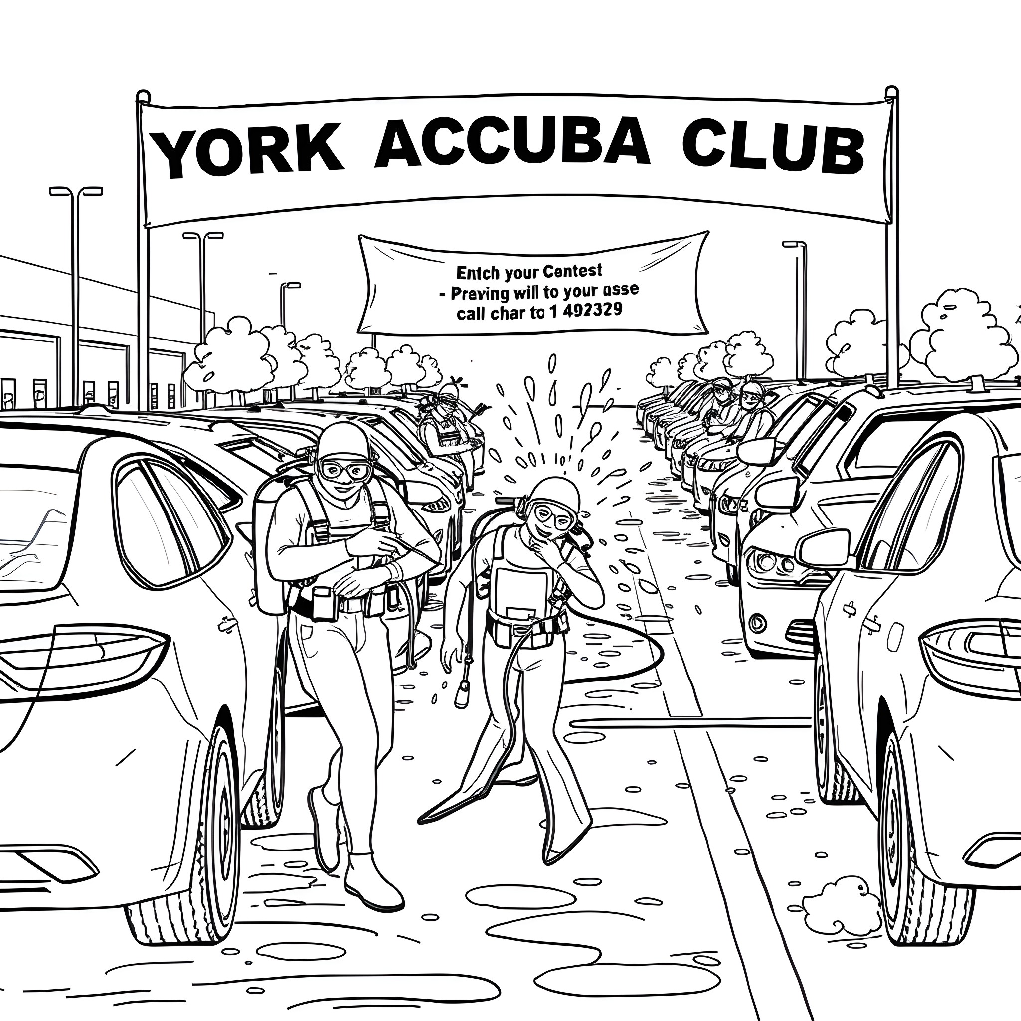 Diver couple exploring underwater adventure at York Accuba Club Coloring Page (free black-and-white line drawing printable PDF for all, from beginners to advanced learners, including children, teens, adults, and seniors)