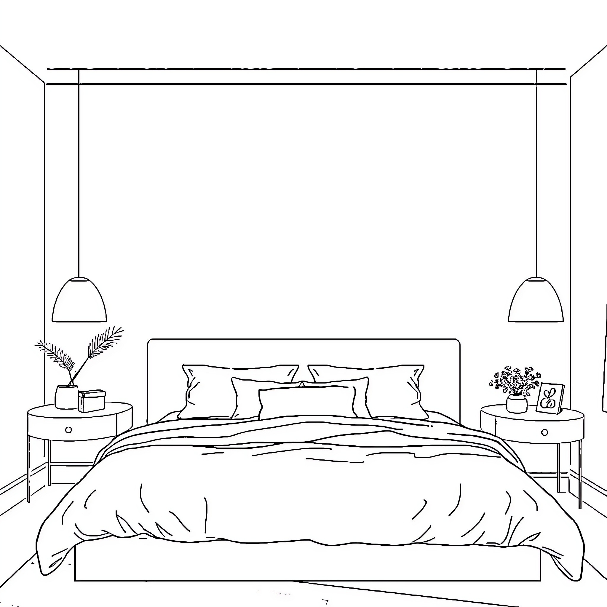 Room with modern furnishings and decor Coloring Page (free black-and-white line drawing printable PDF for all, from beginners to advanced learners, including children, teens, adults, and seniors)