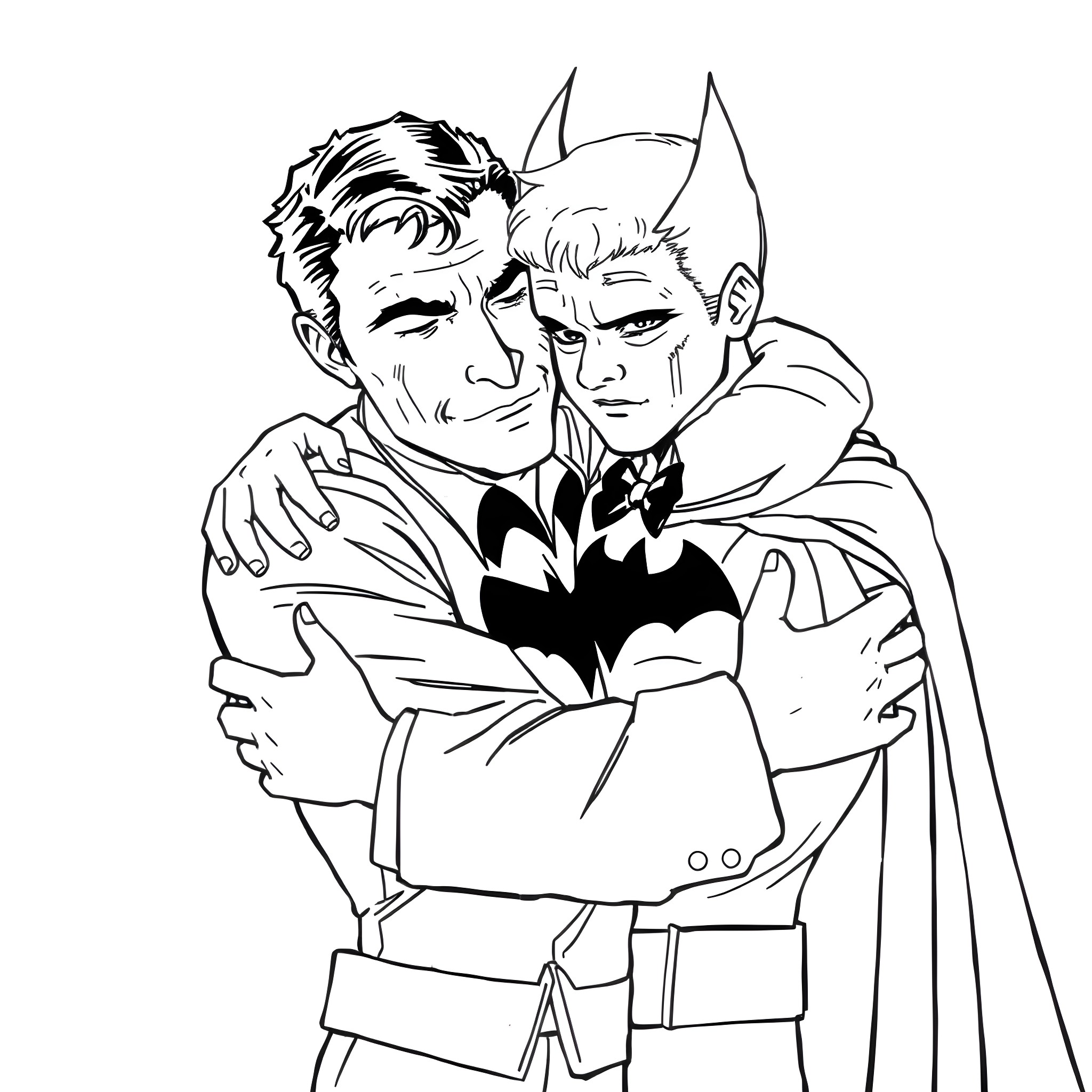 Alfred and Batman embrace in a tender moment Coloring Page (free black-and-white line drawing printable PDF for all, from beginners to advanced learners, including children, teens, adults, and seniors)