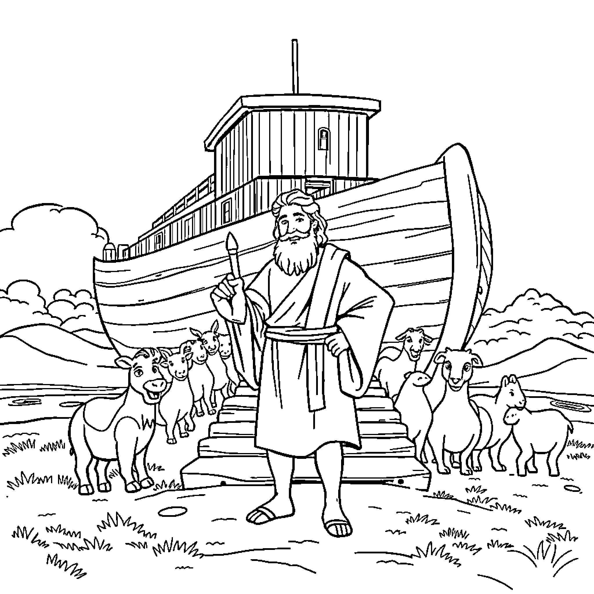 Noah Guiding Animals onto the Ark Coloring Page (free black-and-white line drawing printable PDF for all, from beginners to advanced learners, including children, teens, adults, and seniors)