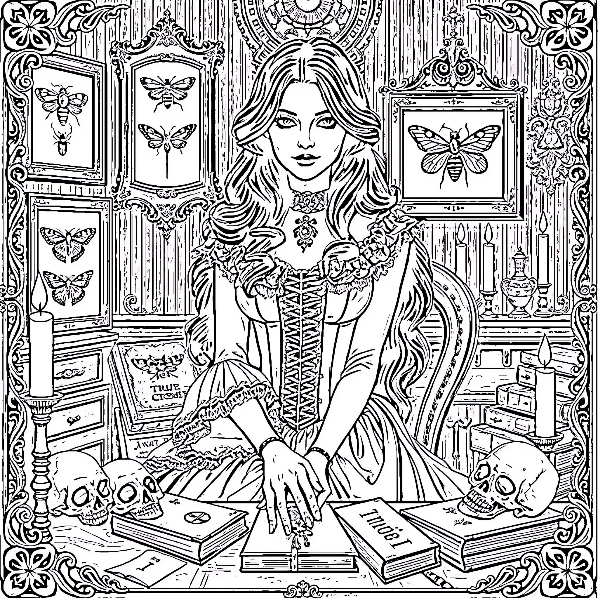 Gothic Woman Surrounded by Mystical Artifacts Coloring Page (free black-and-white line drawing printable PDF for all, from beginners to advanced learners, including children, teens, adults, and seniors)
