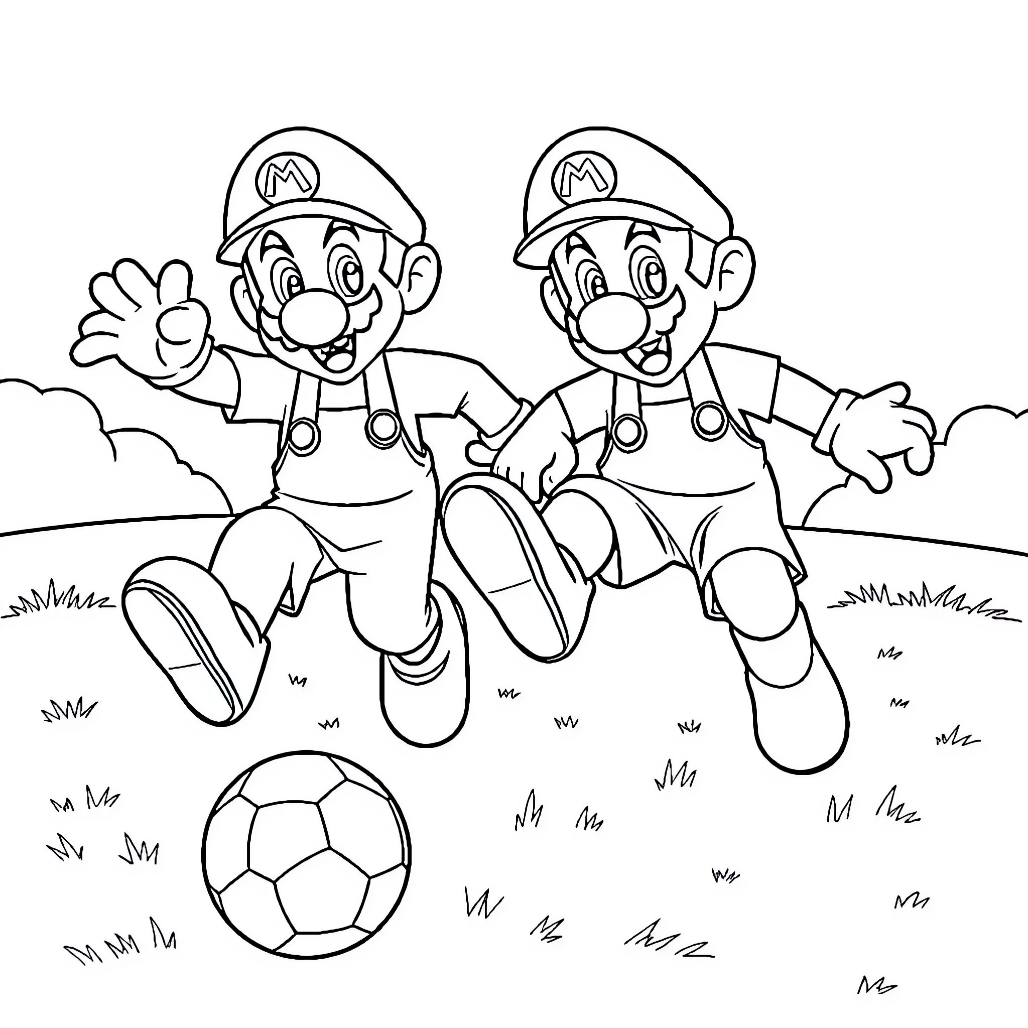 Mario brothers playing with a soccer ball Coloring Page (free black-and-white line drawing printable PDF for all, from beginners to advanced learners, including children, teens, adults, and seniors)