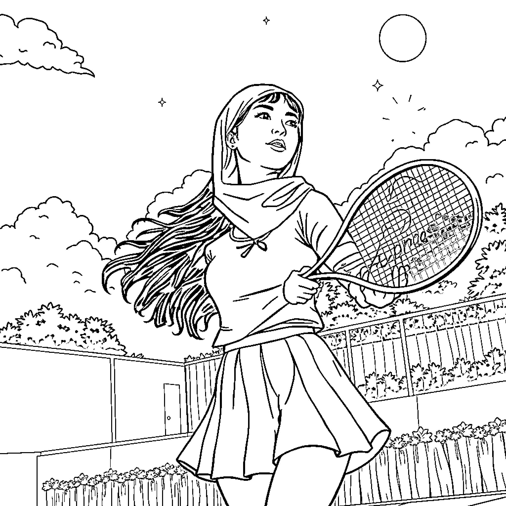 Rumi playing tennis in the garden Coloring Page (free black-and-white line drawing printable PDF for all, from beginners to advanced learners, including children, teens, adults, and seniors)