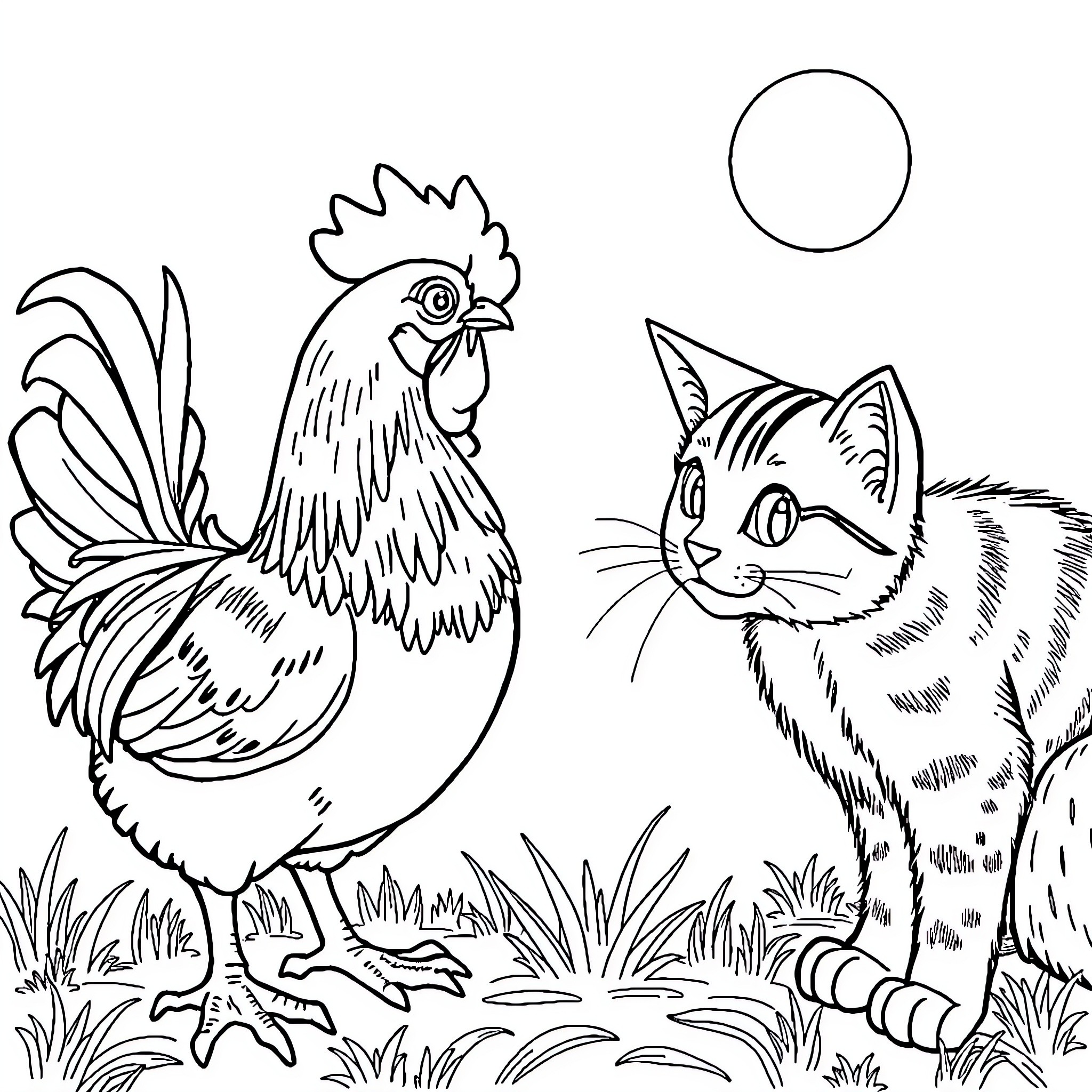 Chicken and Cat in Lush Outdoor Scene Coloring Page (free black-and-white line drawing printable PDF for all, from beginners to advanced learners, including children, teens, adults, and seniors)
