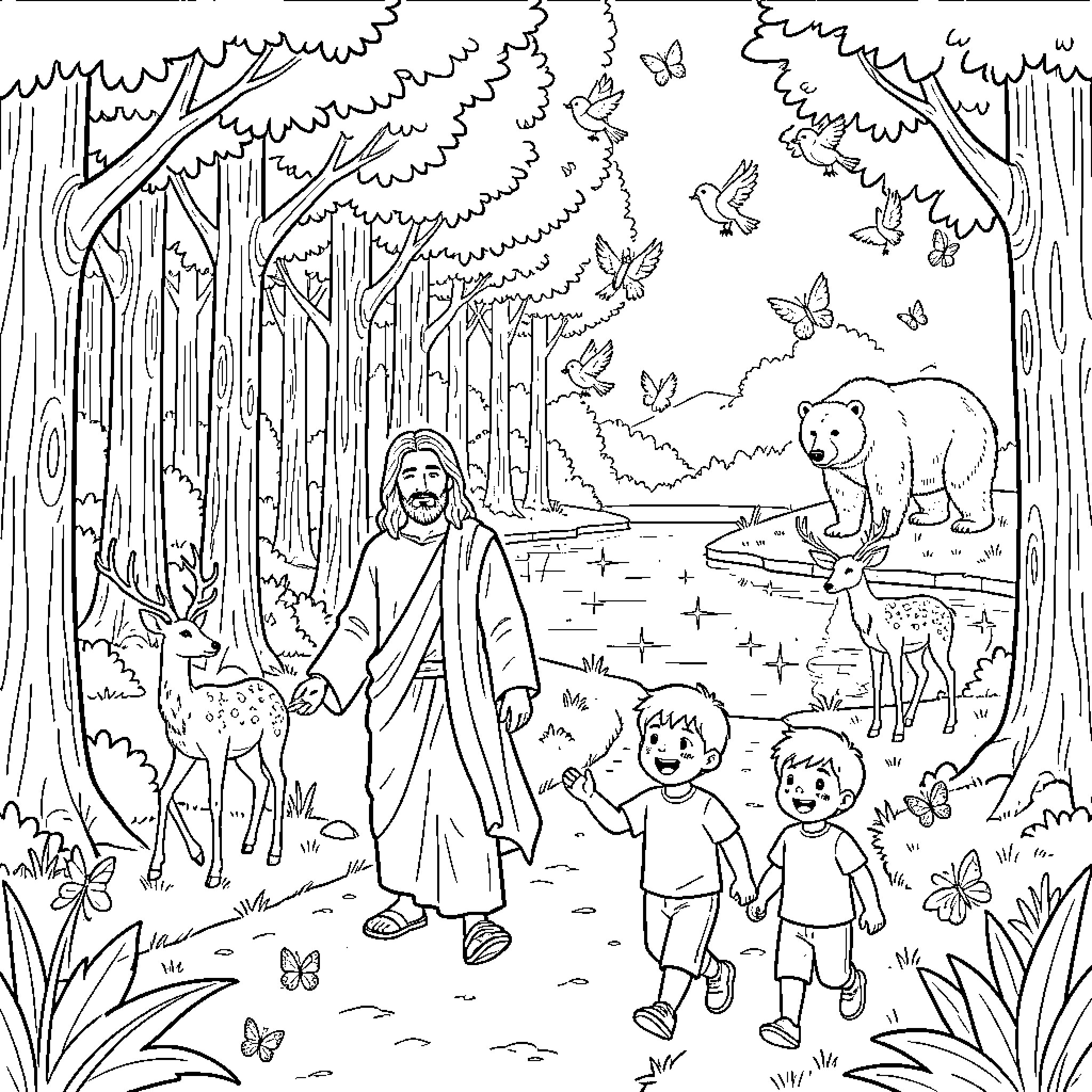 Jesus walks with children in the forest Coloring Page (free black-and-white line drawing printable PDF for all, from beginners to advanced learners, including children, teens, adults, and seniors)