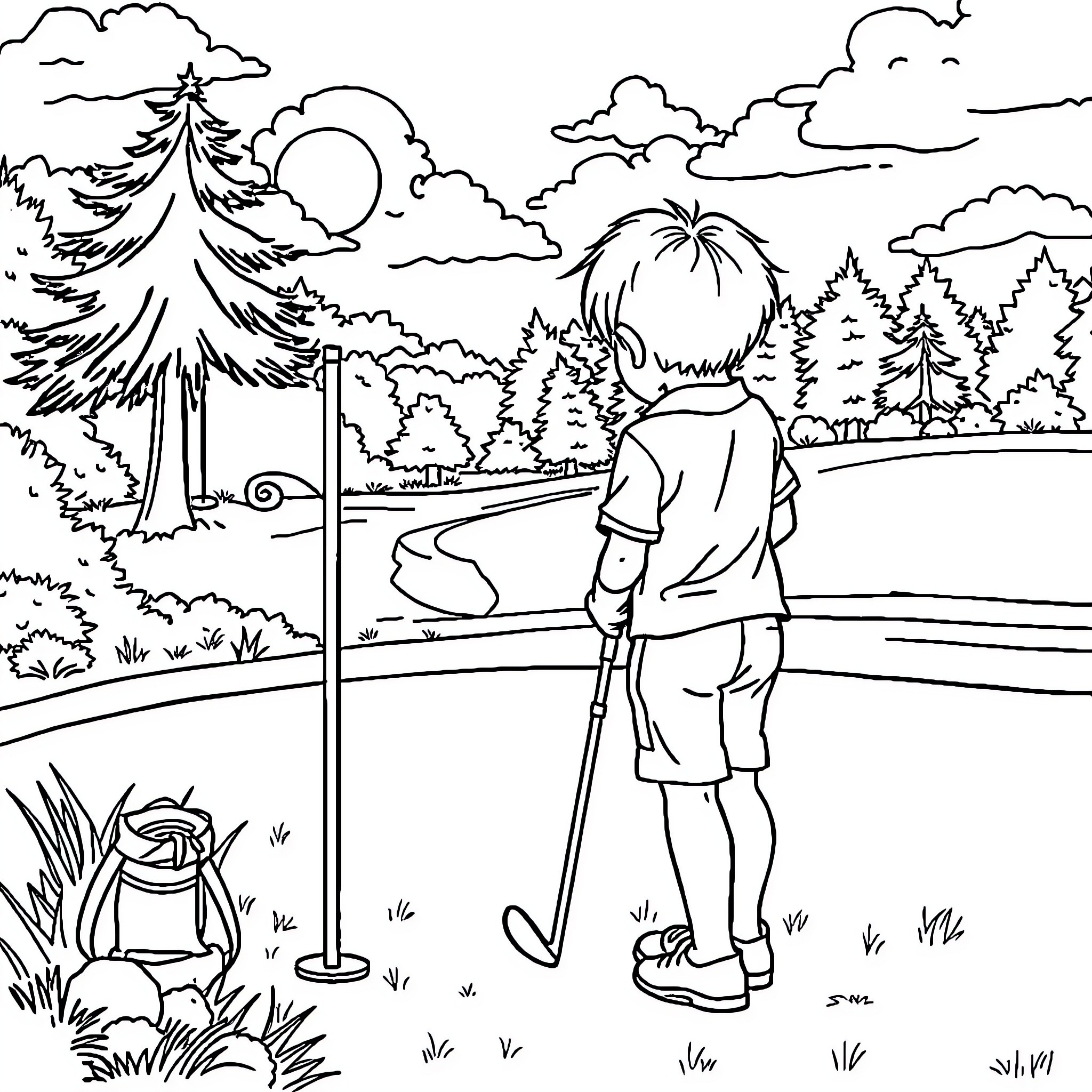 Golfer enjoying a peaceful day on the course Coloring Page (free black-and-white line drawing printable PDF for all, from beginners to advanced learners, including children, teens, adults, and seniors)
