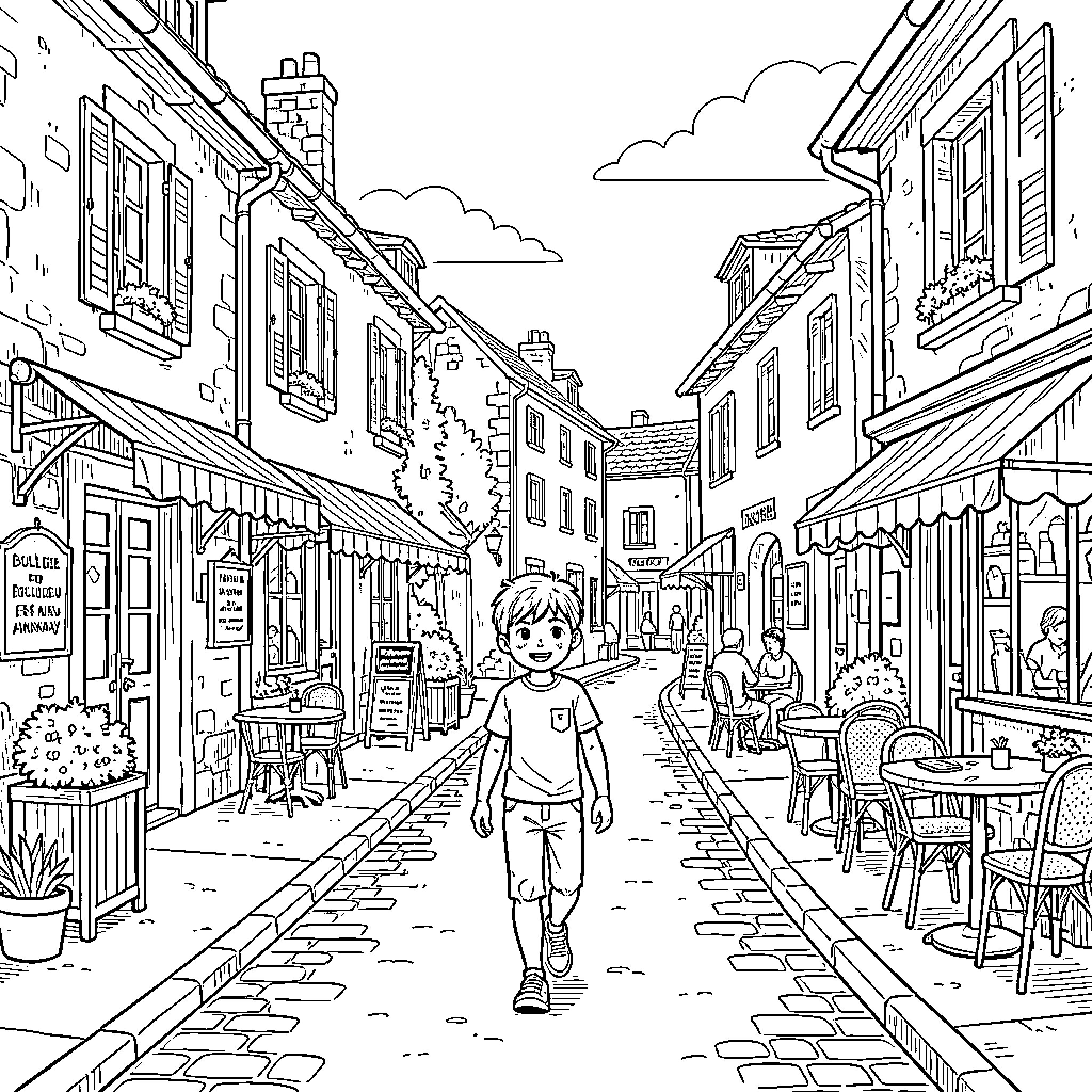 Boy walking happily through a charming village street Coloring Page (free black-and-white line drawing printable PDF for all, from beginners to advanced learners, including children, teens, adults, and seniors)
