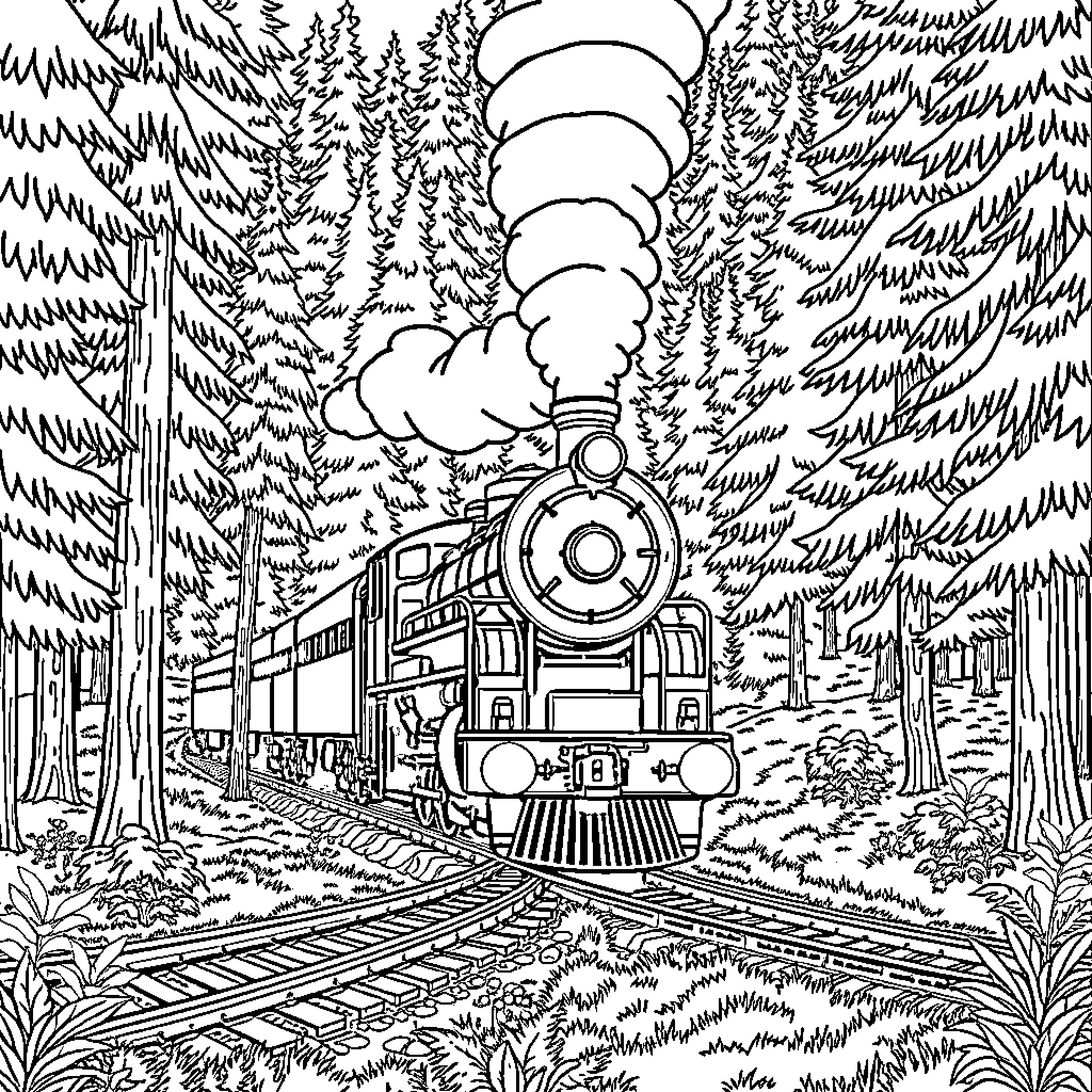 Locomotive traveling through the forest Coloring Page (free black-and-white line drawing printable PDF for all, from beginners to advanced learners, including children, teens, adults, and seniors)