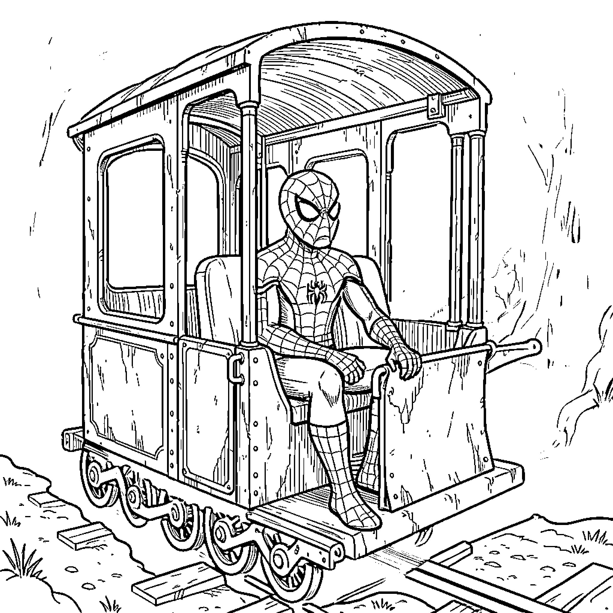 Spiderman sitting calmly inside a small train carriage Coloring Page (free black-and-white line drawing printable PDF for all, from beginners to advanced learners, including children, teens, adults, and seniors)