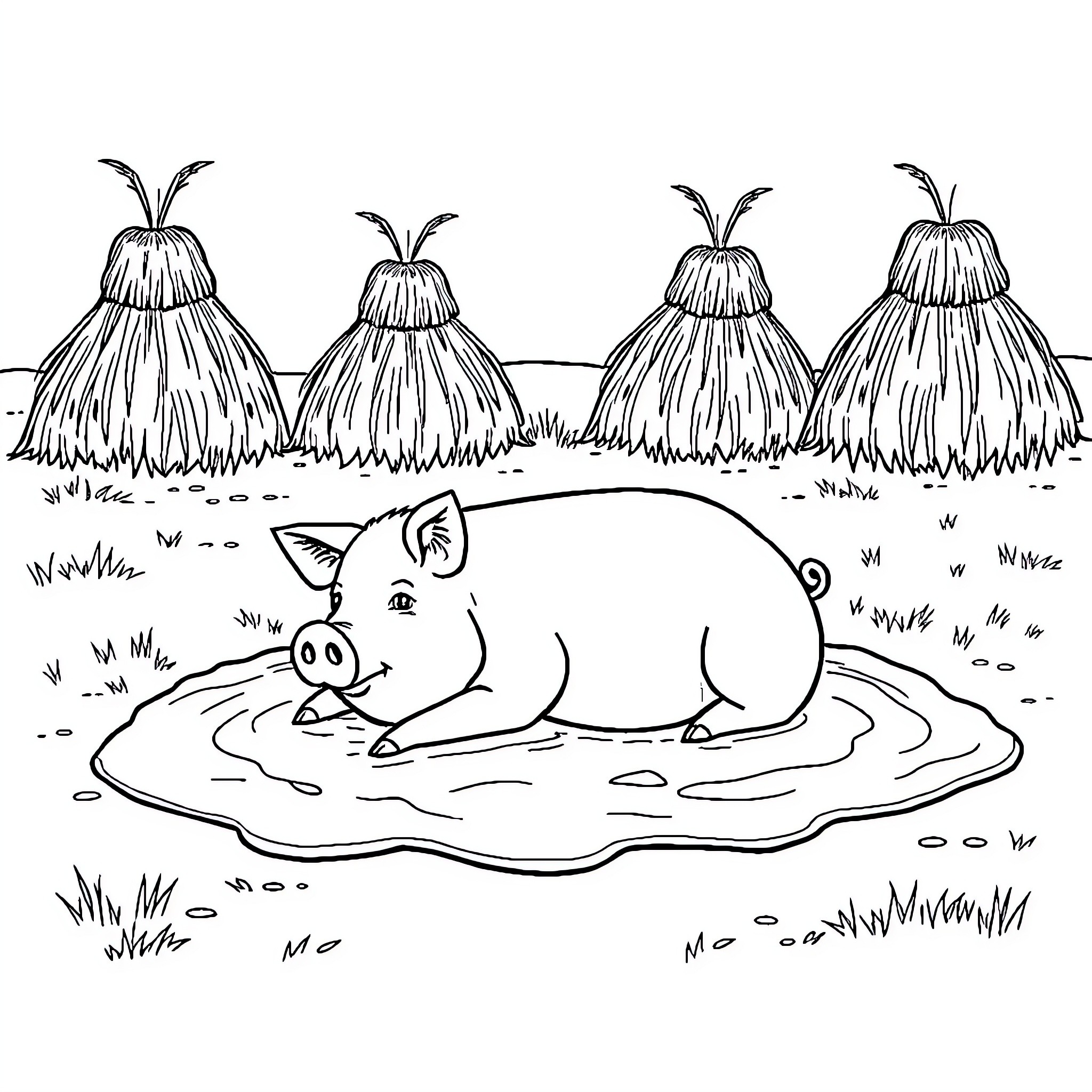 Pig relaxing in mud puddle surrounded by huts Coloring Page (free black-and-white line drawing printable PDF for all, from beginners to advanced learners, including children, teens, adults, and seniors)