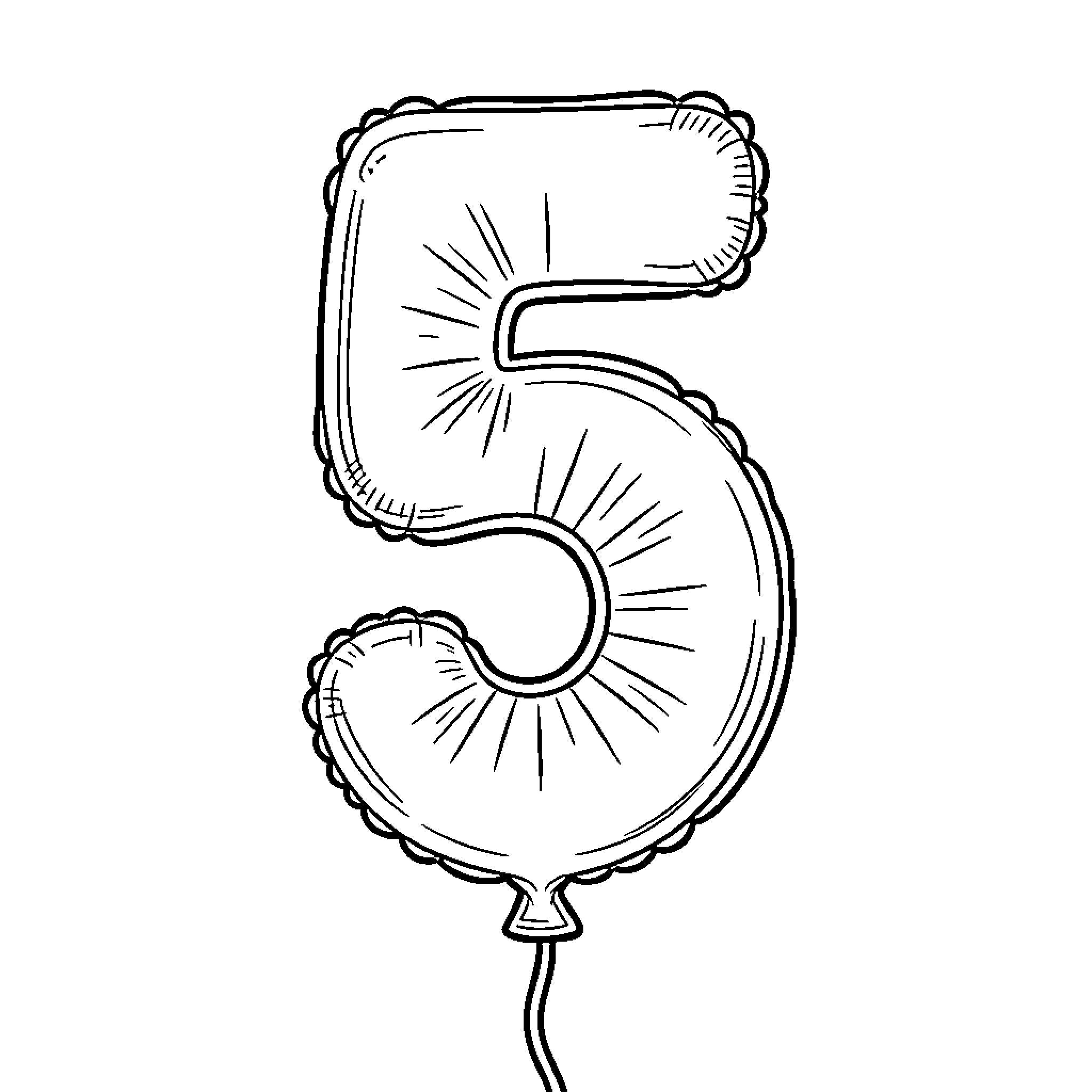 Balloon shaped like the number five floating upwards Coloring Page (free black-and-white line drawing printable PDF for all, from beginners to advanced learners, including children, teens, adults, and seniors)