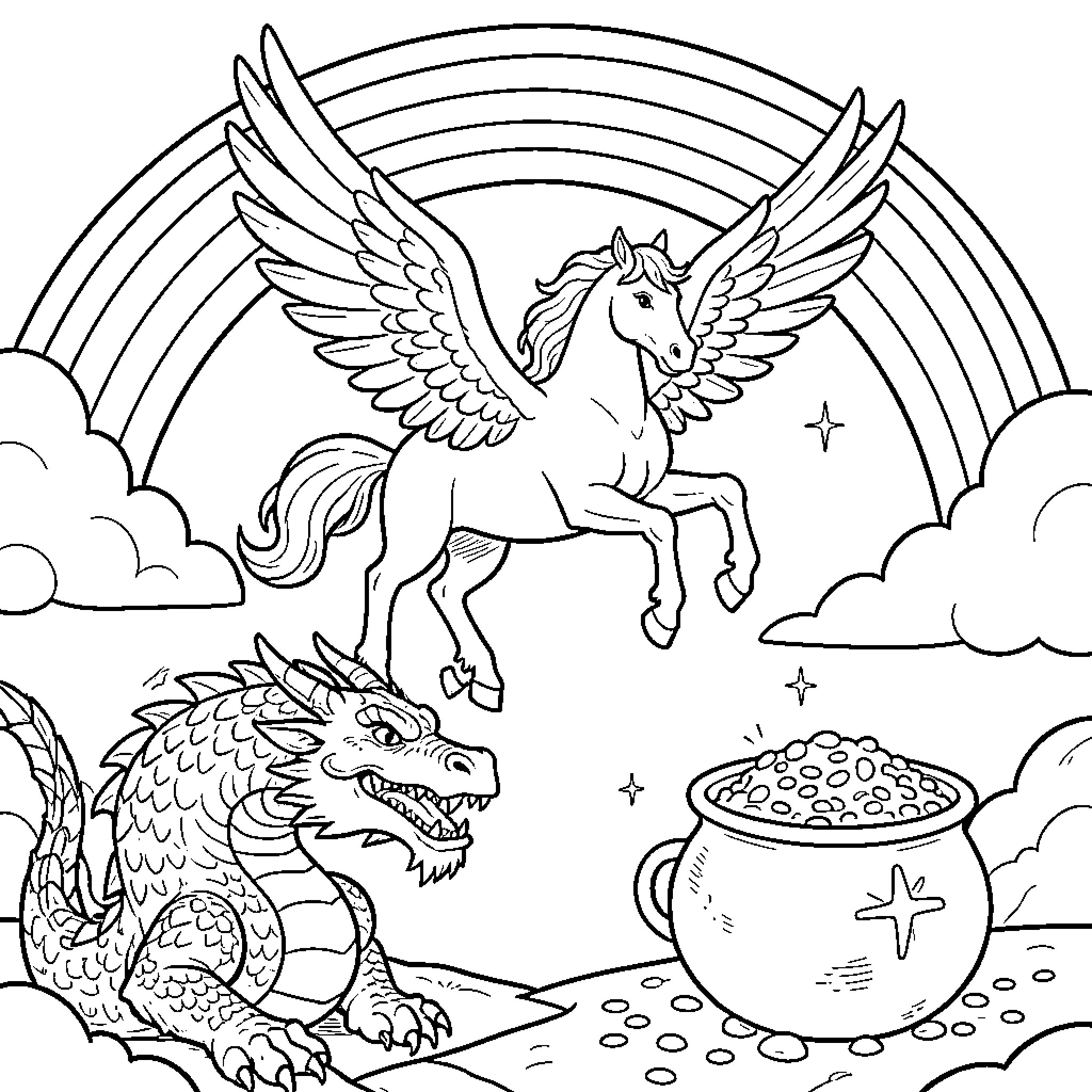 Pegasus flying near a dragon and a pot of gold Coloring Page (free black-and-white line drawing printable PDF for all, from beginners to advanced learners, including children, teens, adults, and seniors)