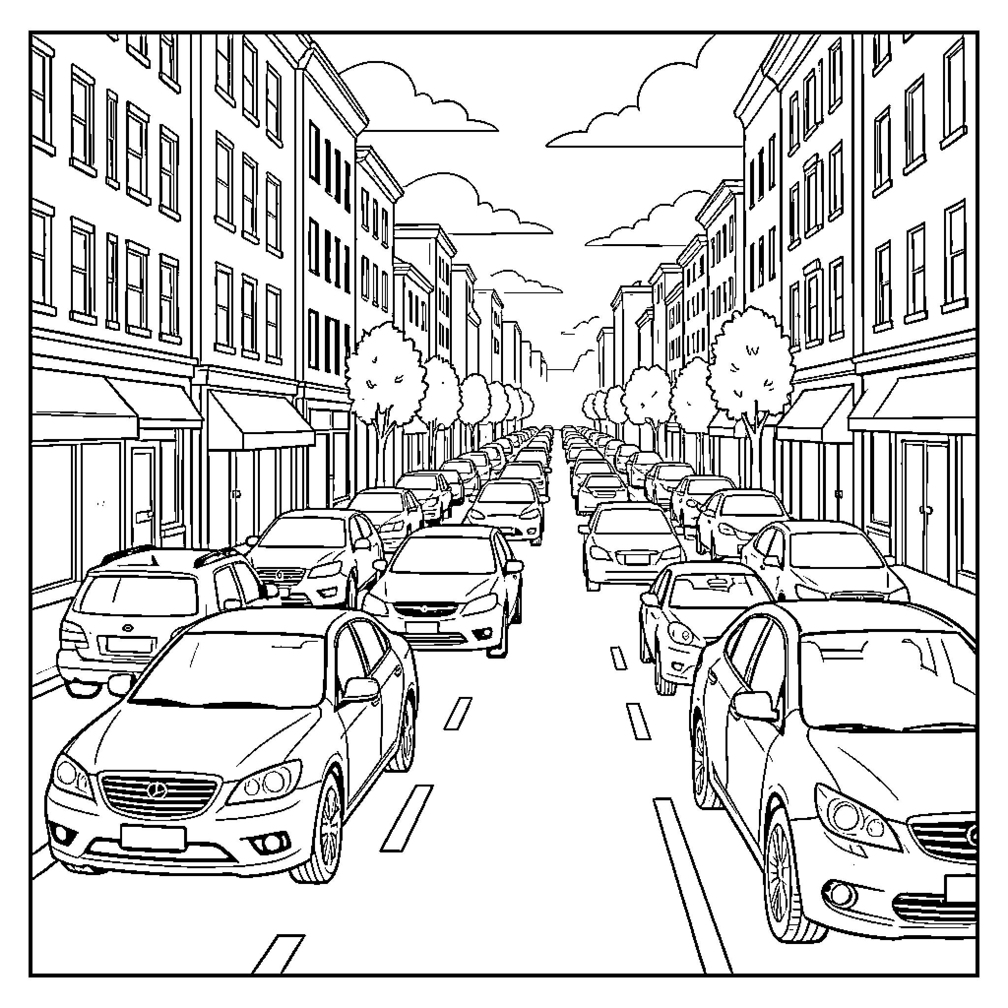 Car driving through a busy city street traffic Coloring Page (free black-and-white line drawing printable PDF for all, from beginners to advanced learners, including children, teens, adults, and seniors)