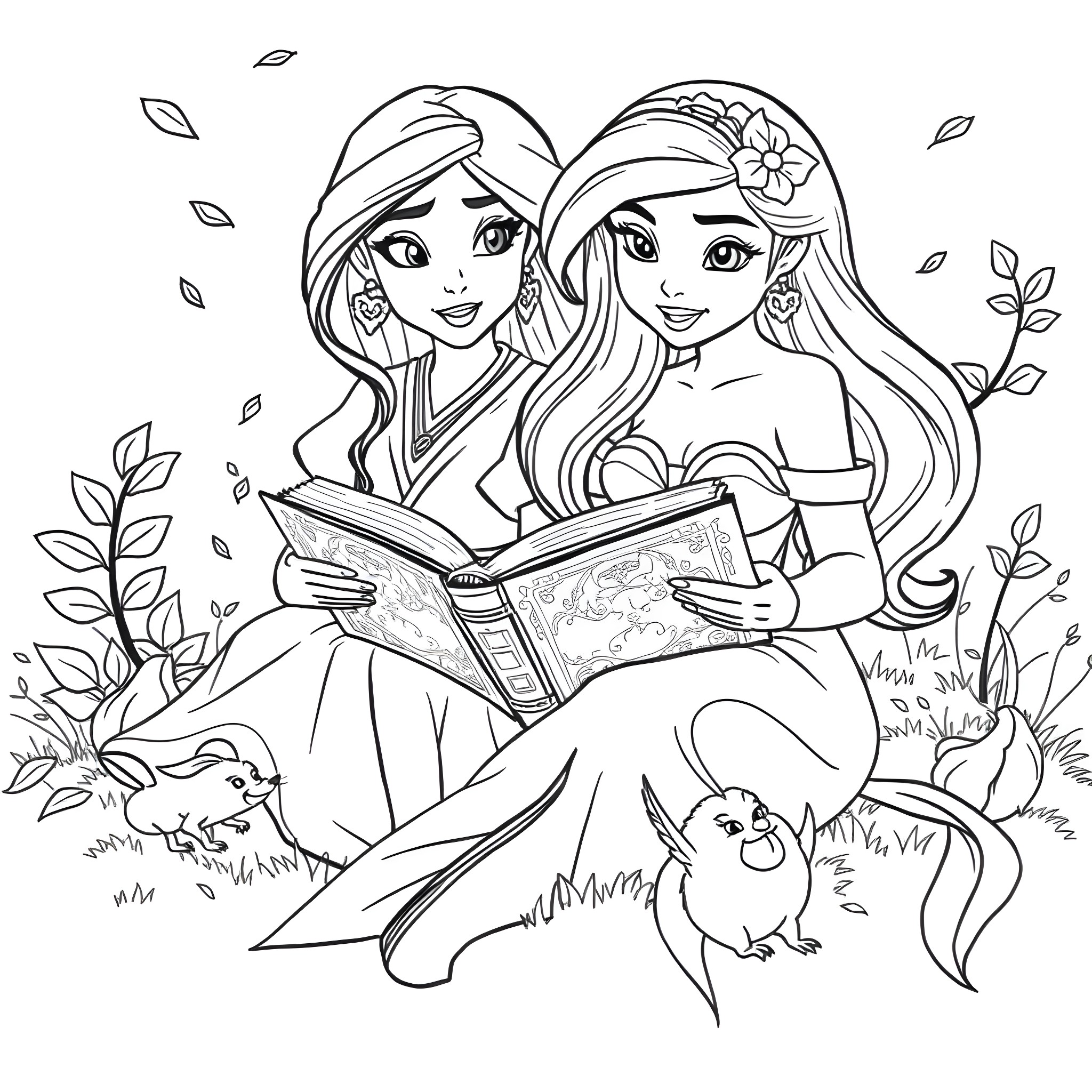 Mulan and Jasmine Sharing Adventure in the Forest Coloring Page (free black-and-white line drawing printable PDF for all, from beginners to advanced learners, including children, teens, adults, and seniors)