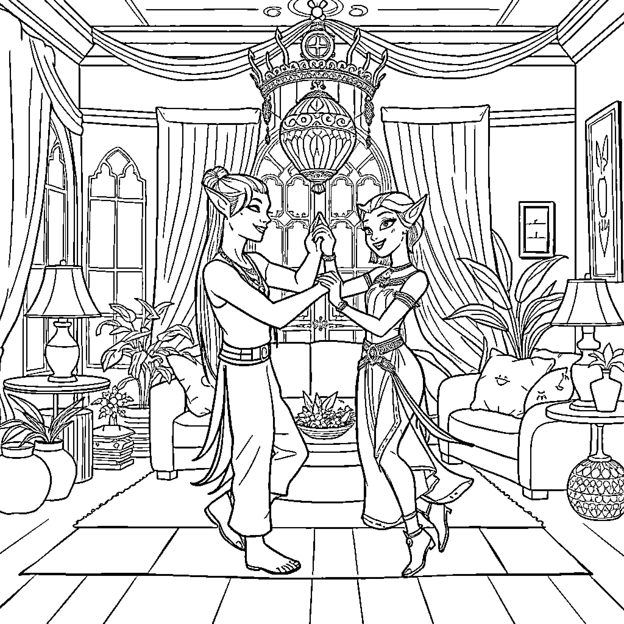 Avatar Enjoying Formal Dance in a Regal Setting Coloring Page (free black-and-white line drawing printable PDF for all, from beginners to advanced learners, including children, teens, adults, and seniors)