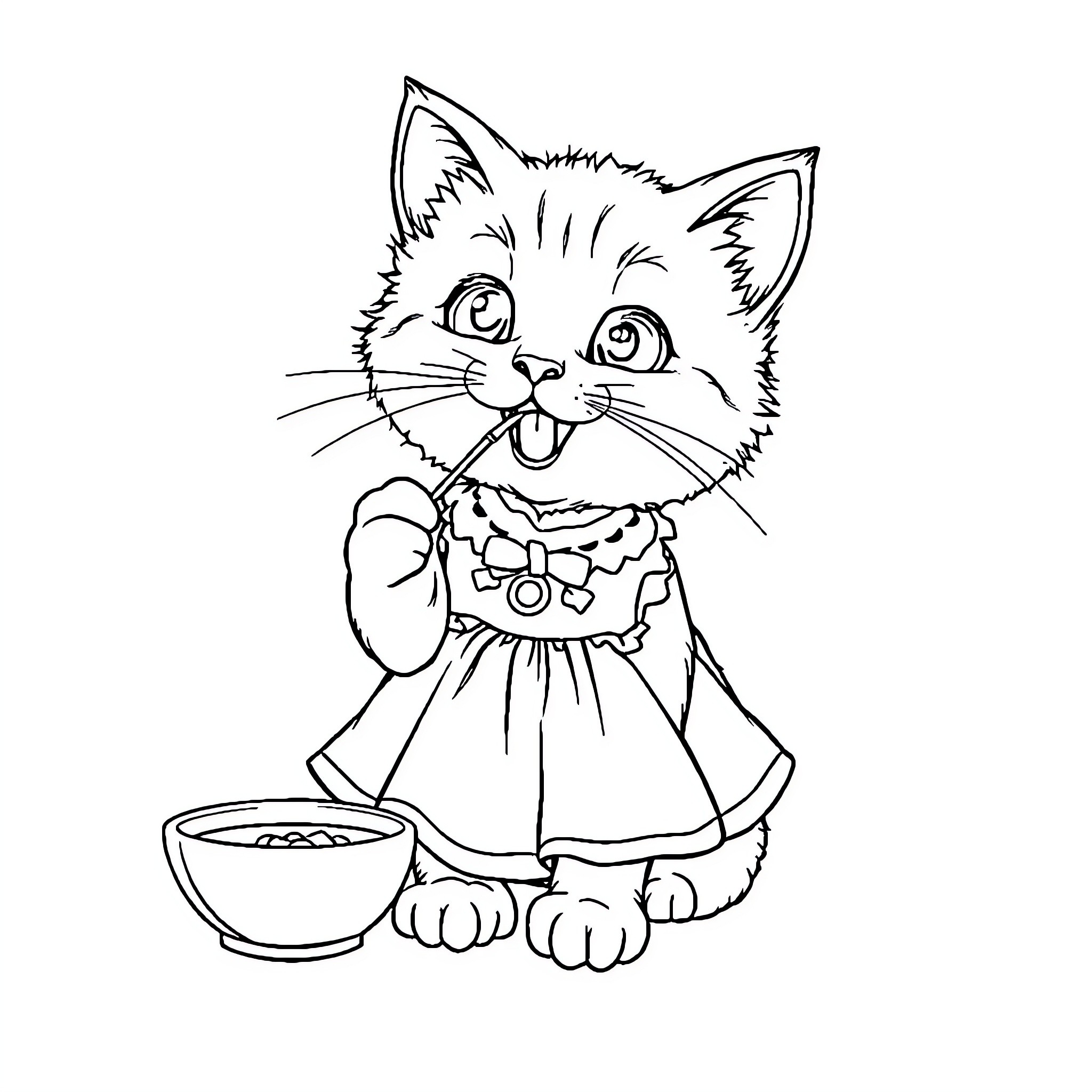 Cat wearing dress and eating from bowl Coloring Page (free black-and-white line drawing printable PDF for all, from beginners to advanced learners, including children, teens, adults, and seniors)