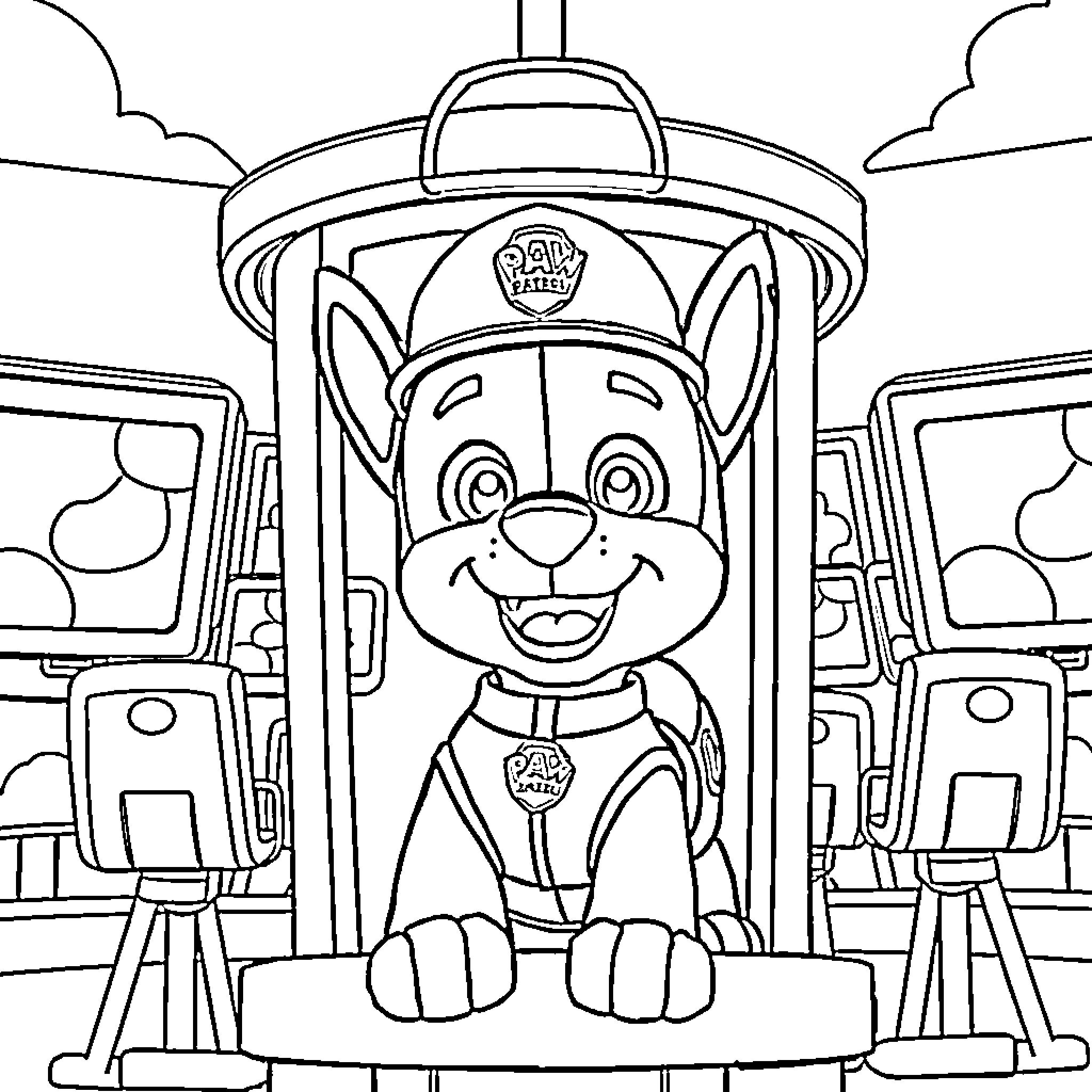 Chase the Firefighter Pup Saving the Day Coloring Page (free black-and-white line drawing printable PDF for all, from beginners to advanced learners, including children, teens, adults, and seniors)
