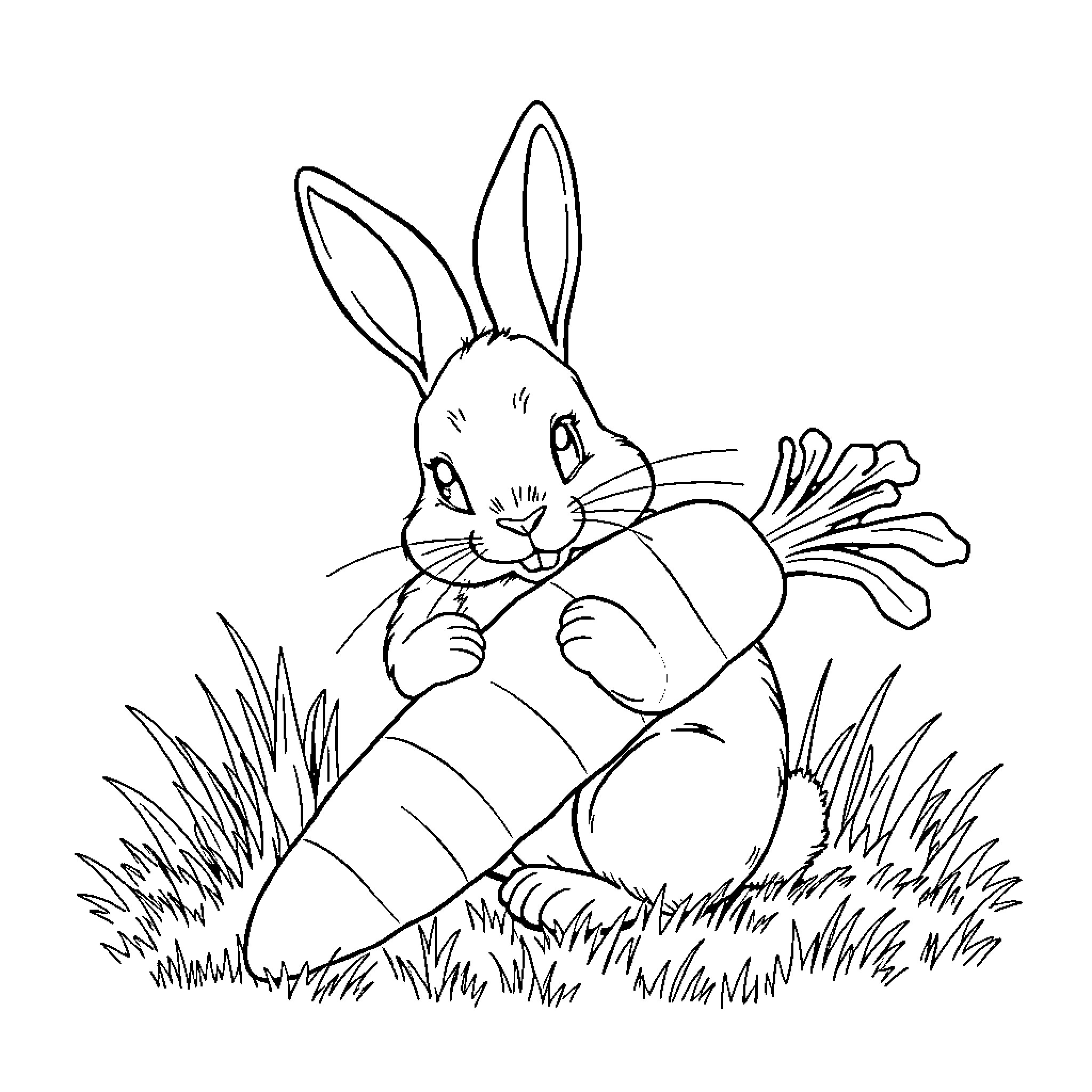 Bunny sitting in the grass with a carrot Coloring Page (free black-and-white line drawing printable PDF for all, from beginners to advanced learners, including children, teens, adults, and seniors)