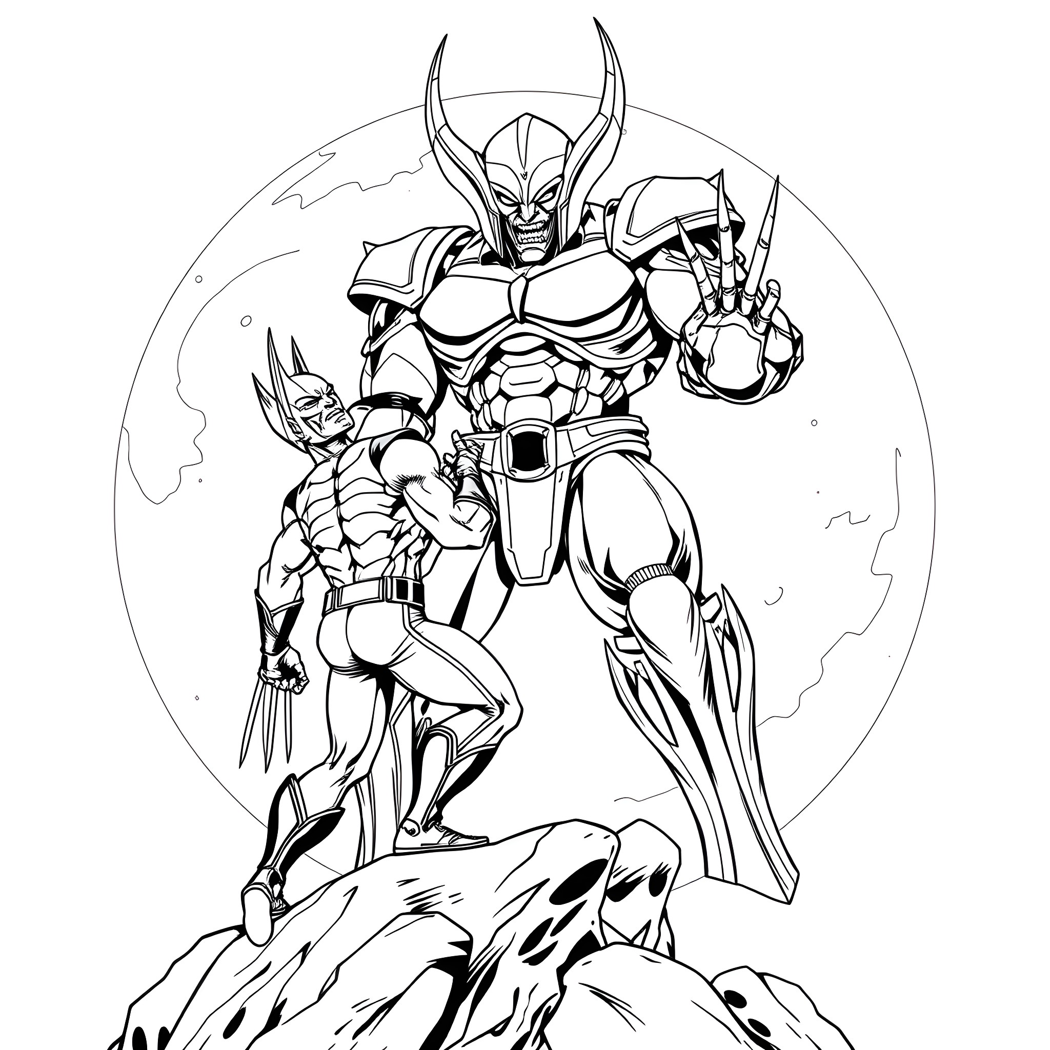 Wolverine Heroic Stance Amidst Cosmic Backdrop Coloring Page (free black-and-white line drawing printable PDF for all, from beginners to advanced learners, including children, teens, adults, and seniors)