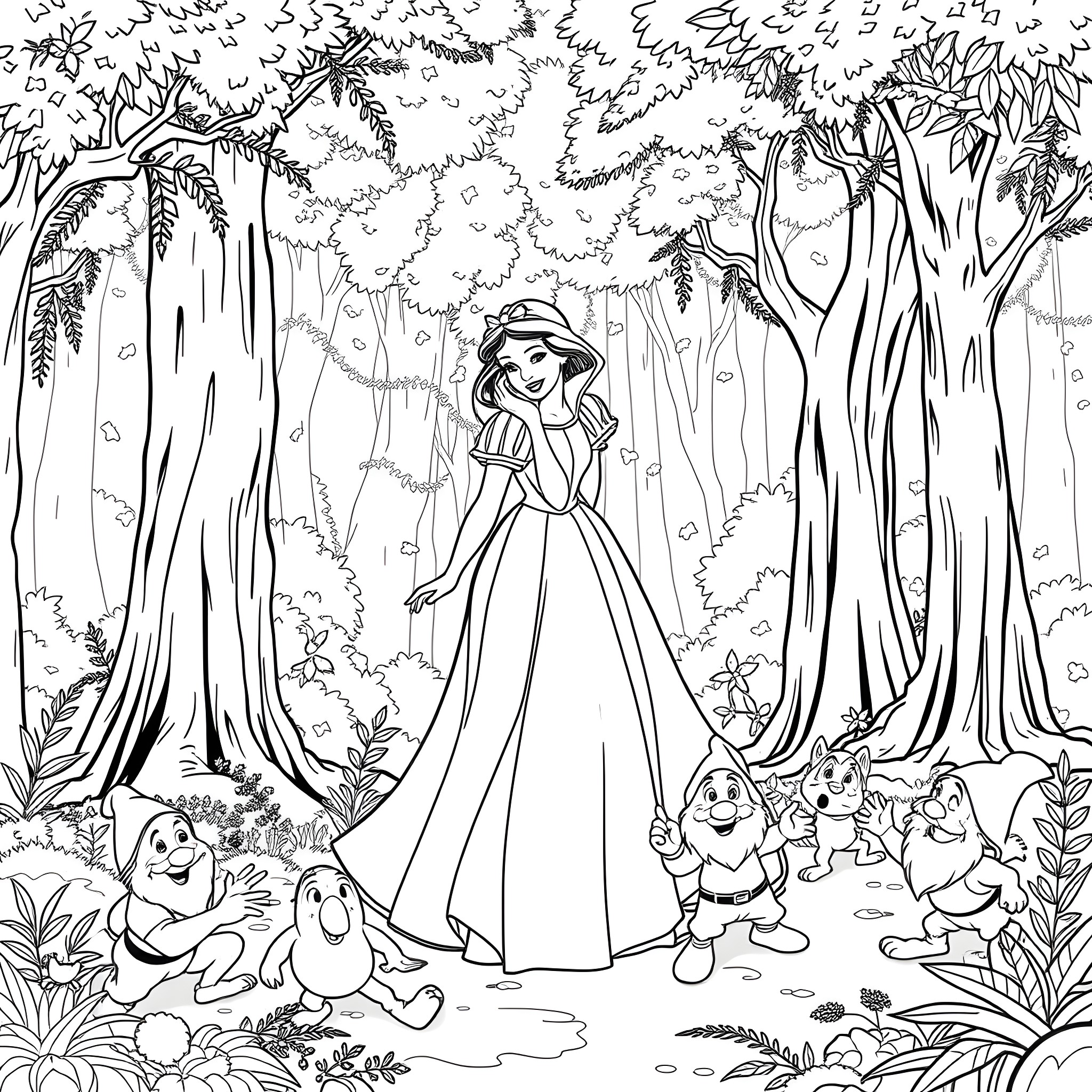 Snow White surrounded by forest animals in the enchanted woods Coloring Page (free black-and-white line drawing printable PDF for all, from beginners to advanced learners, including children, teens, adults, and seniors)