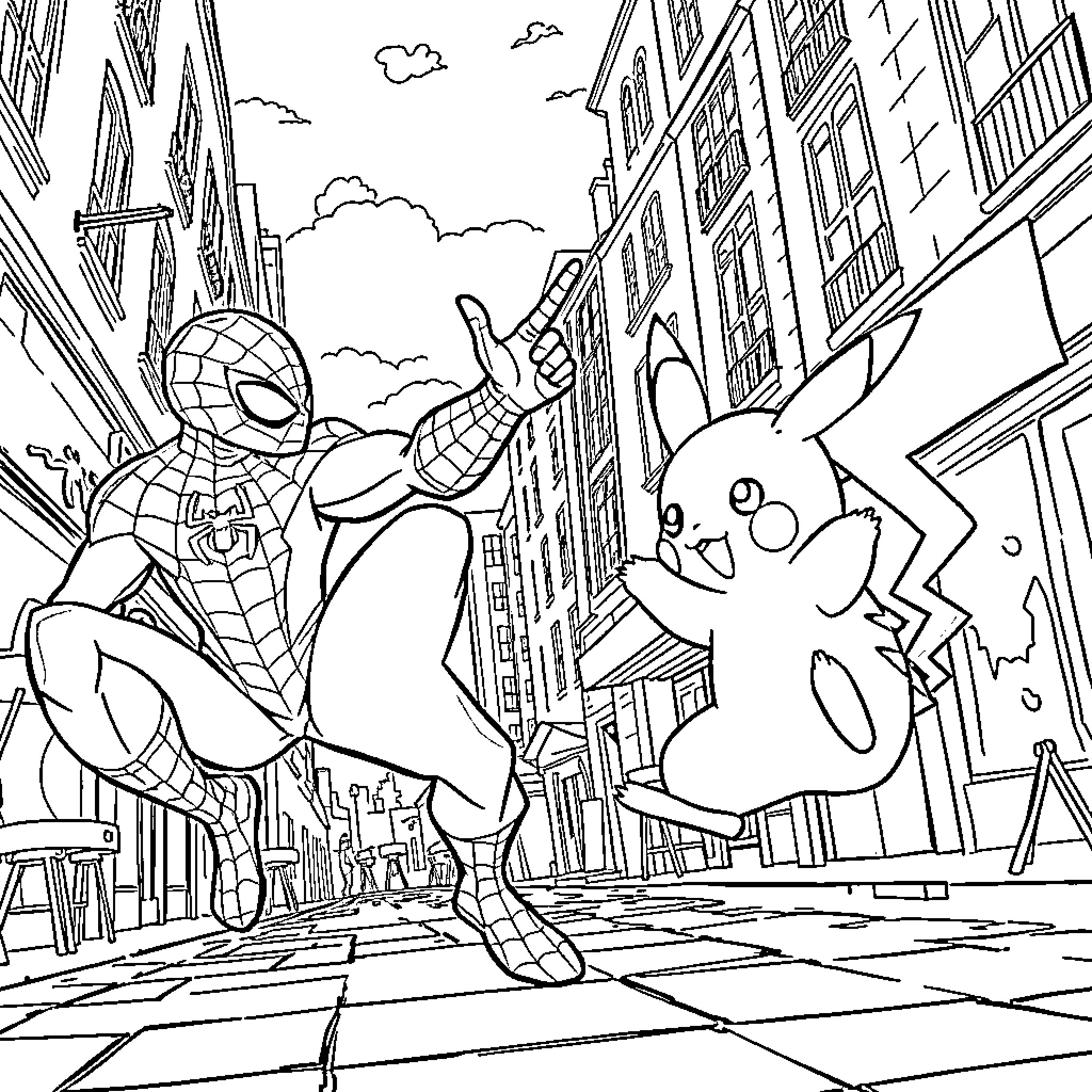 Spiderman swings through the city with Pikachu Coloring Page (free black-and-white line drawing printable PDF for all, from beginners to advanced learners, including children, teens, adults, and seniors)