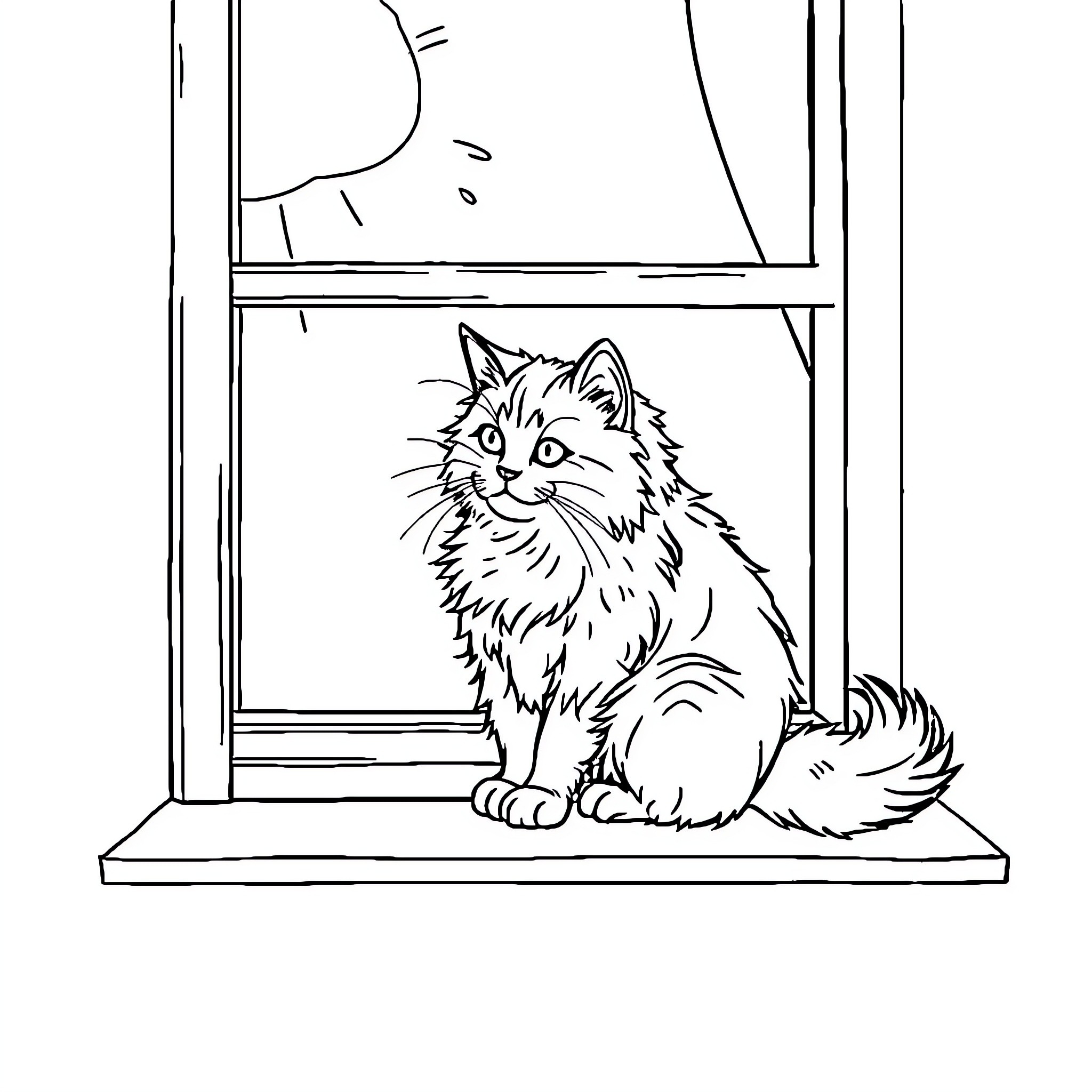 Cat sitting on window sill Coloring Page (free black-and-white line drawing printable PDF for all, from beginners to advanced learners, including children, teens, adults, and seniors)