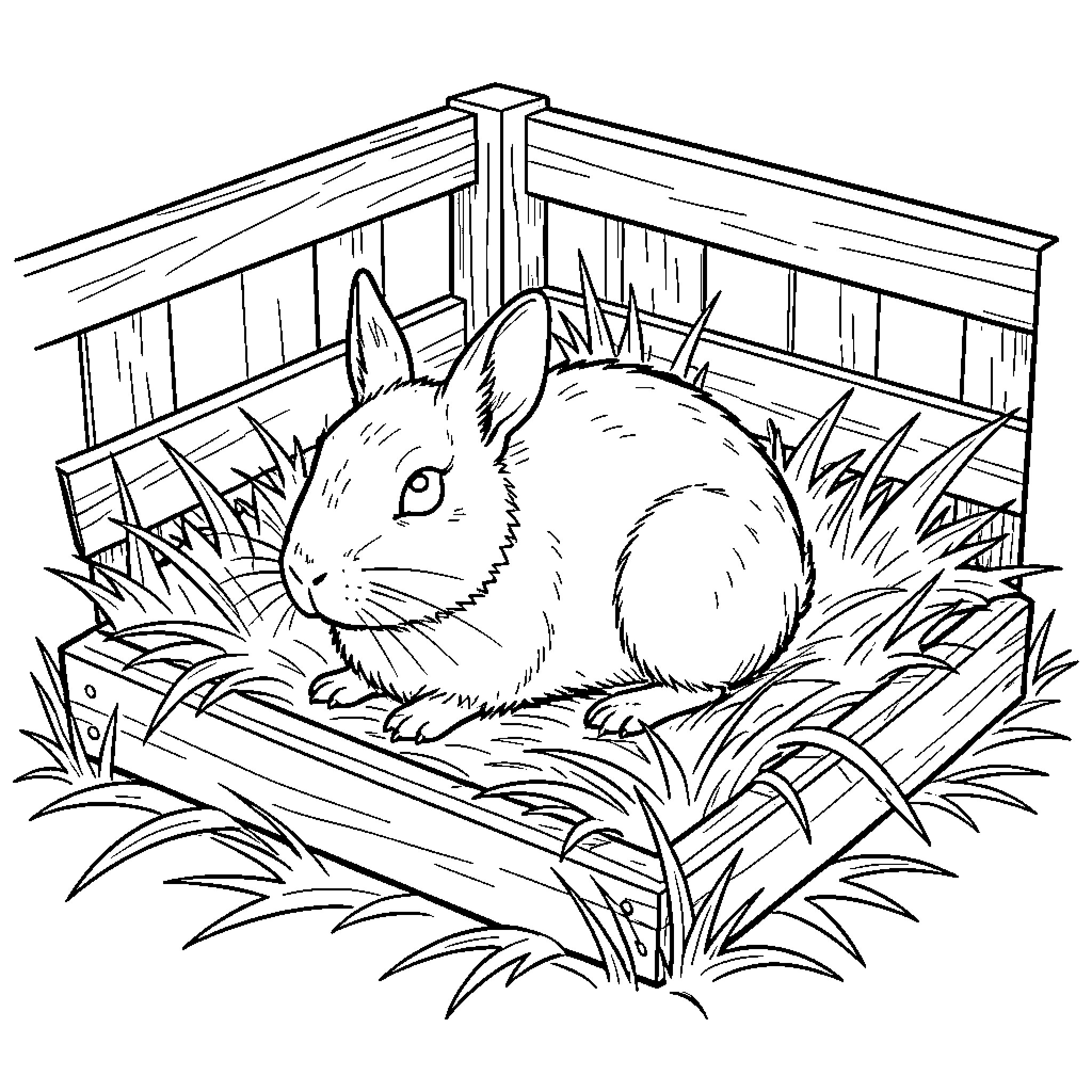 Cuy sitting peacefully in a wooden crate with grass Coloring Page (free black-and-white line drawing printable PDF for all, from beginners to advanced learners, including children, teens, adults, and seniors)