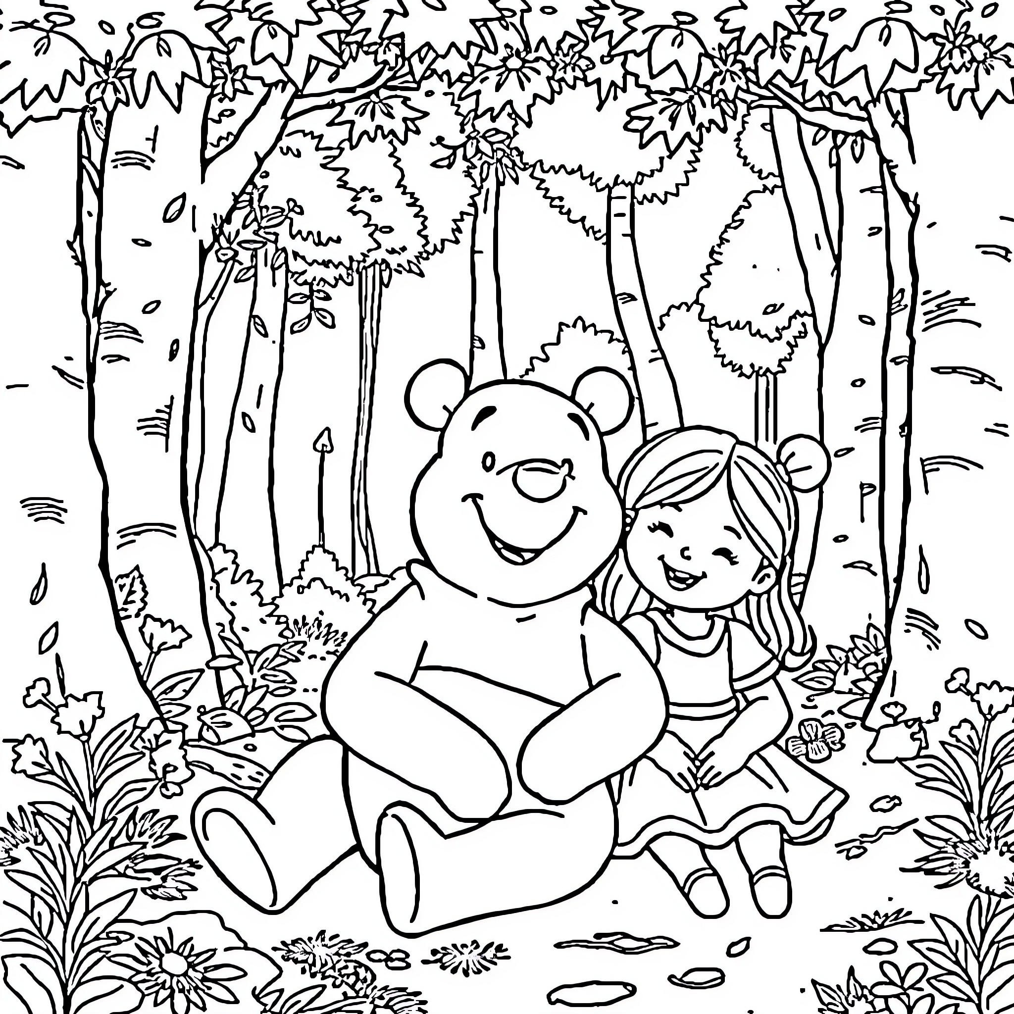 Winnie The Pooh and a girl exploring the forest Coloring Page (free black-and-white line drawing printable PDF for all, from beginners to advanced learners, including children, teens, adults, and seniors)