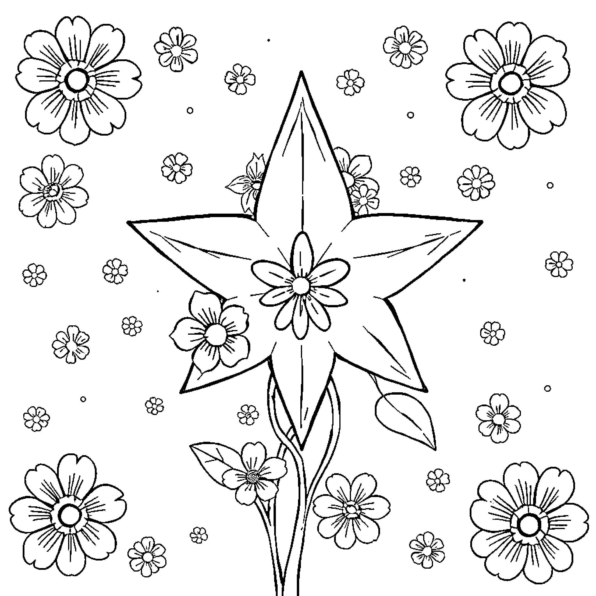 Star-shaped flower with blossoms in the garden Coloring Page (free black-and-white line drawing printable PDF for all, from beginners to advanced learners, including children, teens, adults, and seniors)
