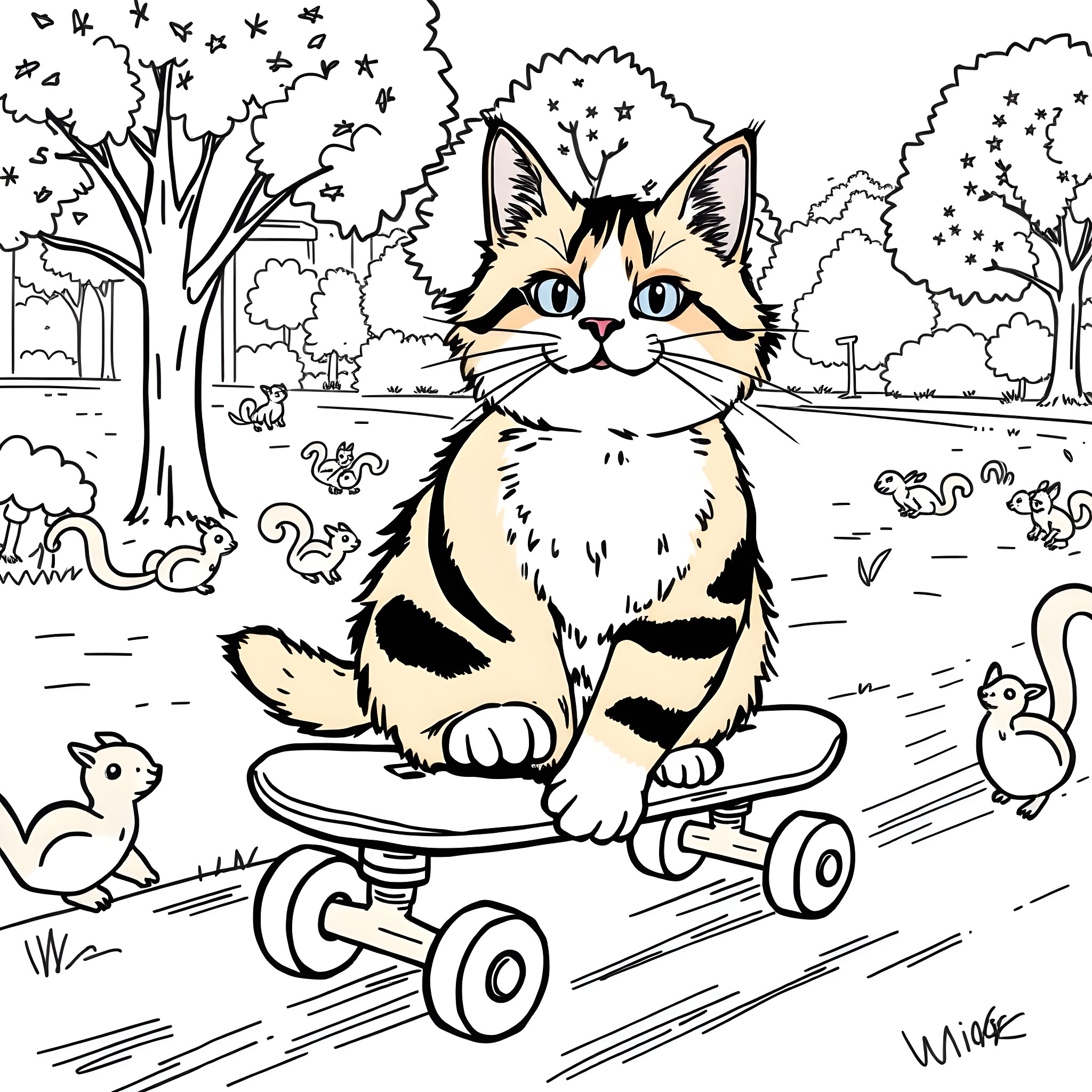 Calico Cat Riding Skateboard in the Park Coloring Page (free black-and-white line drawing printable PDF for all, from beginners to advanced learners, including children, teens, adults, and seniors)